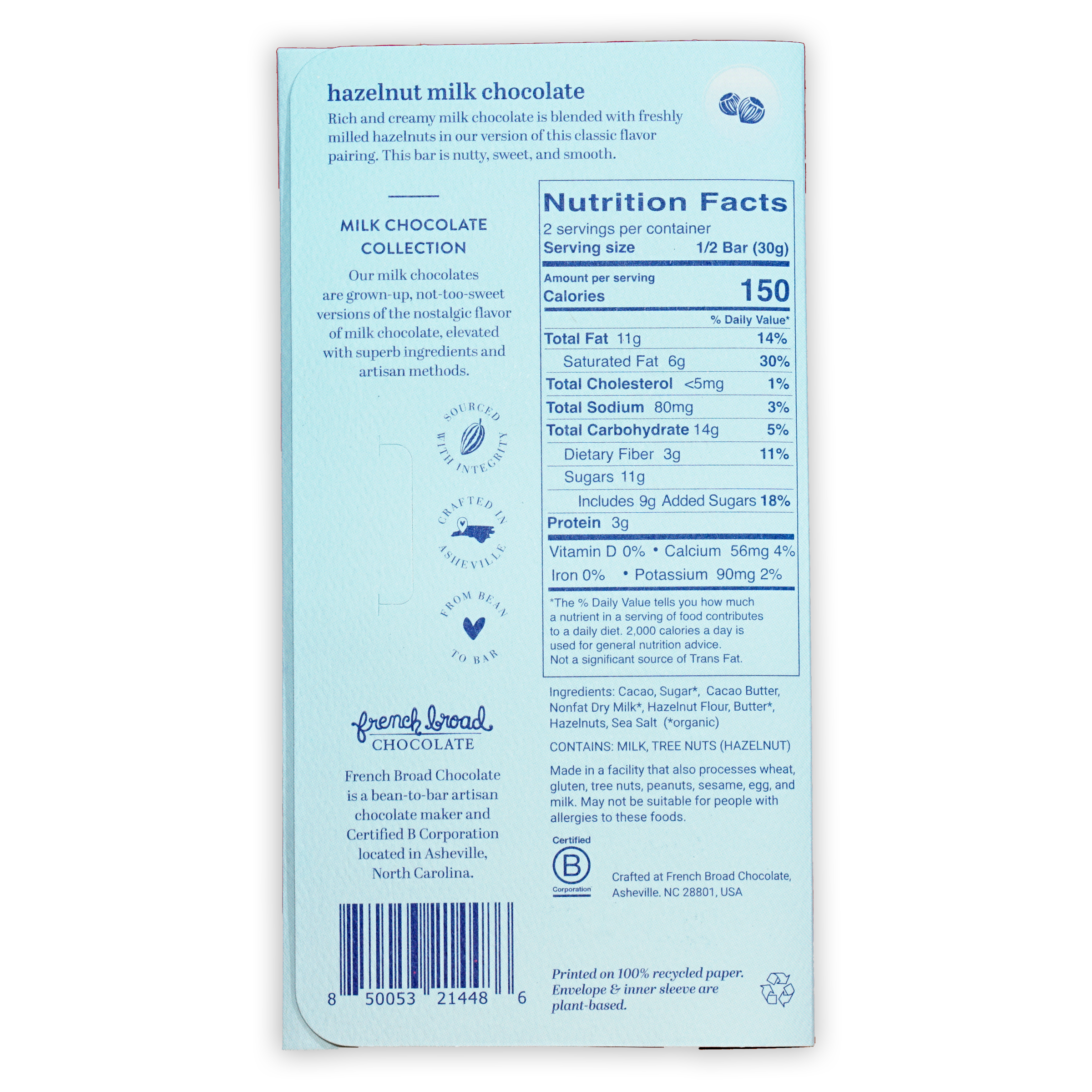 French Broad hazelnut milk chocolate 45% light blue package