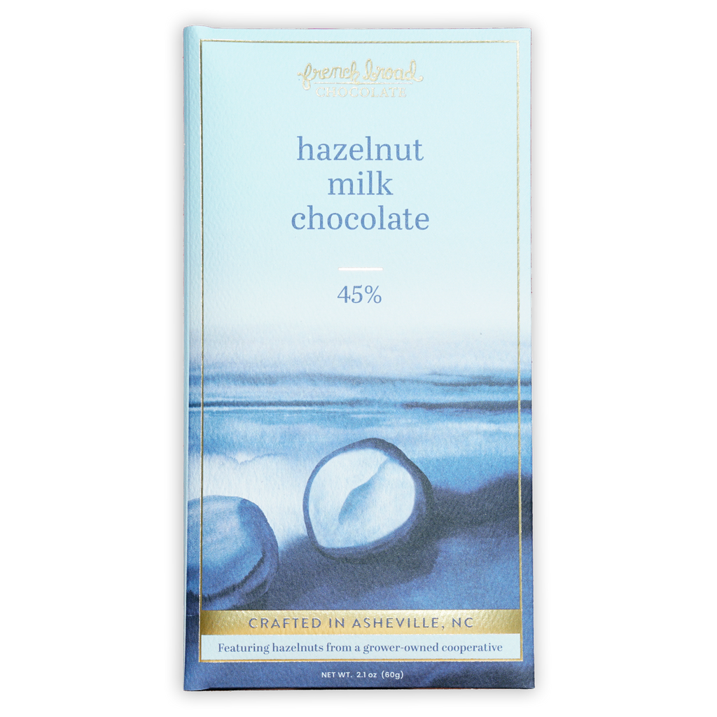 French Broad hazelnut milk chocolate bar 45% cocoa light blue gold trim