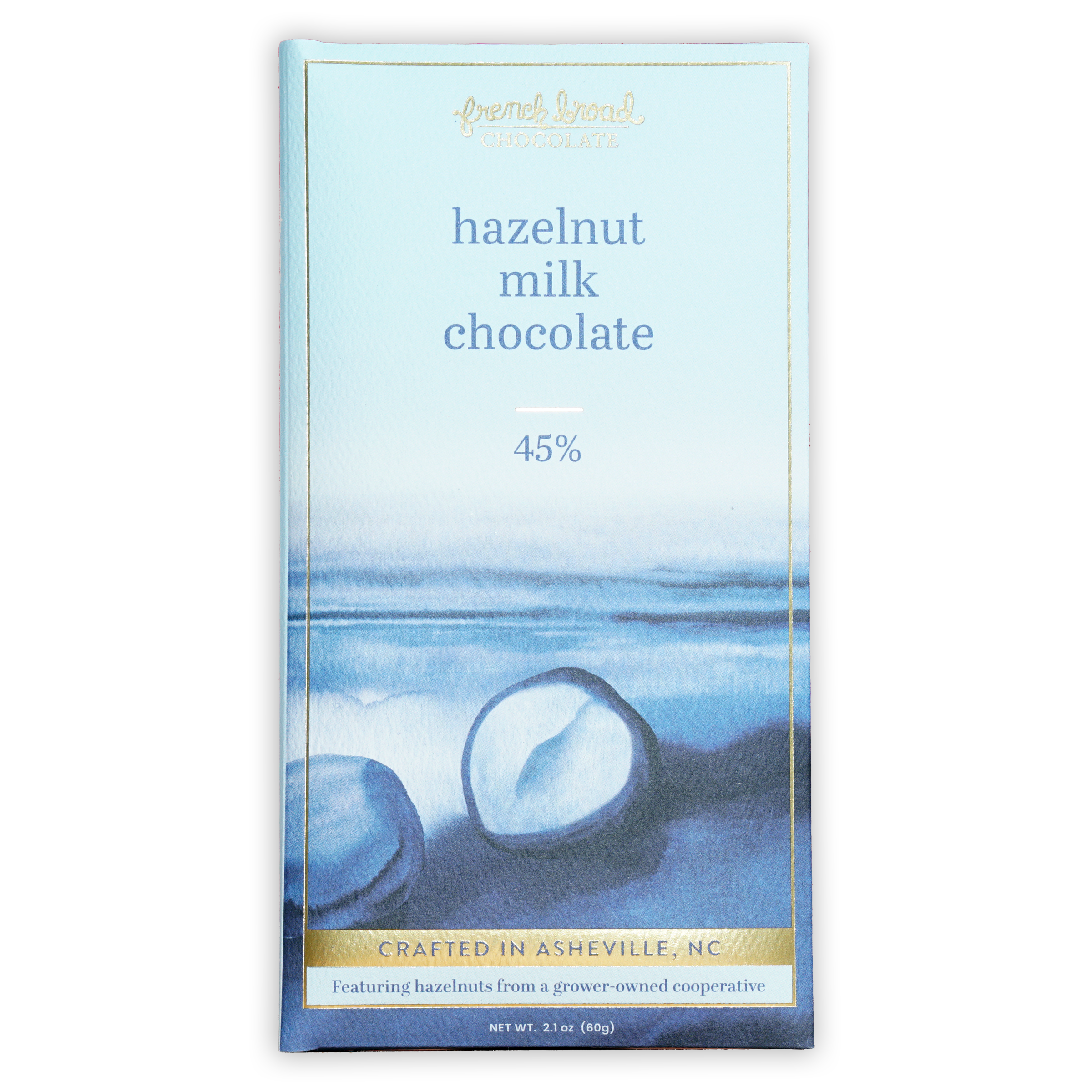 French Broad hazelnut milk chocolate bar 45% cocoa light blue gold trim