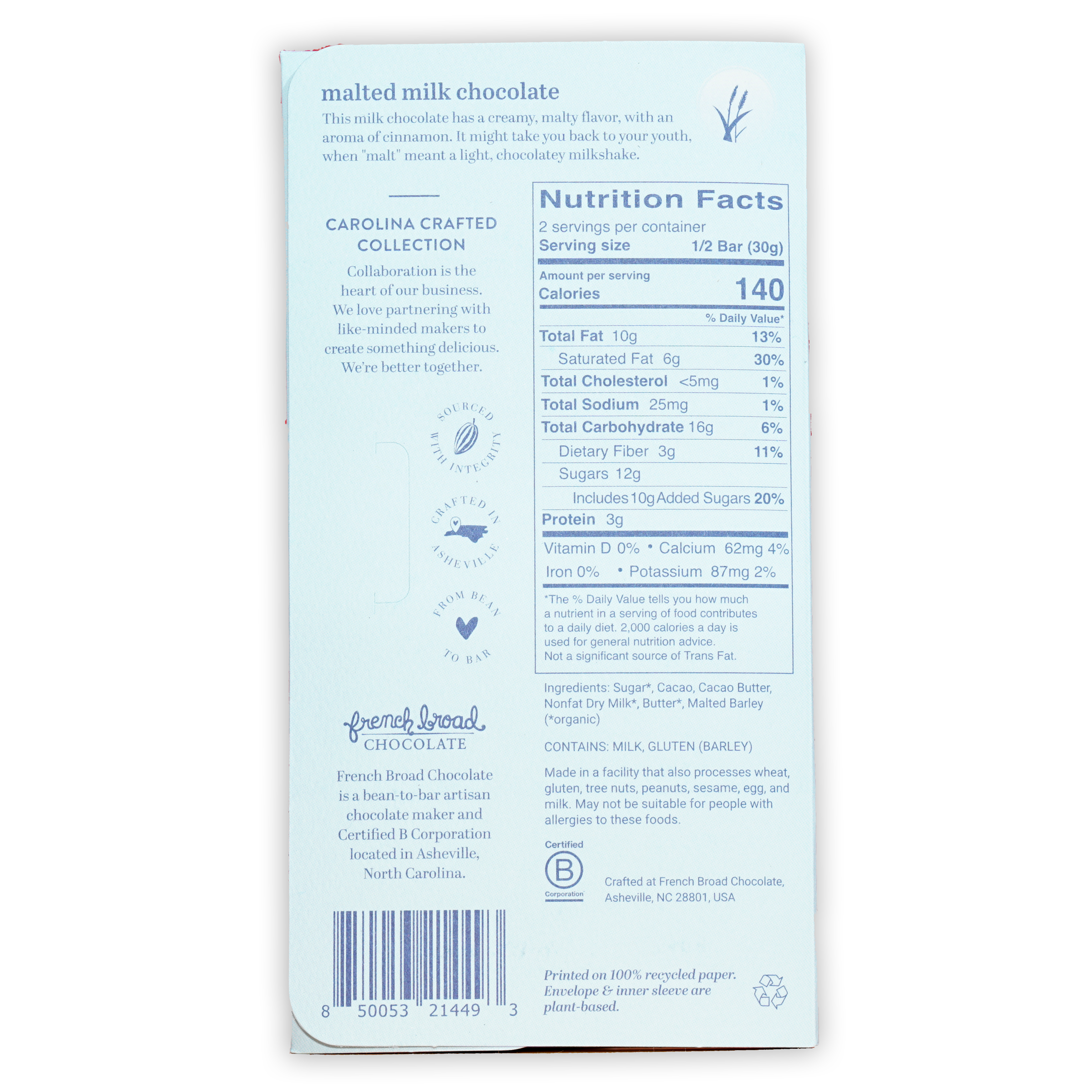 Back of French Broad Malted Milk Chocolate 45% bar wrapper