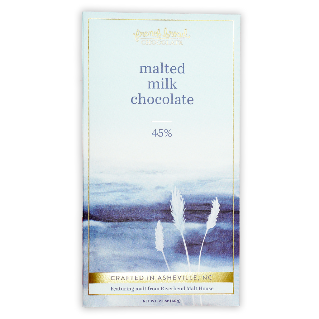 French Broad Malted Milk Chocolate 45% bar in blue wrapper