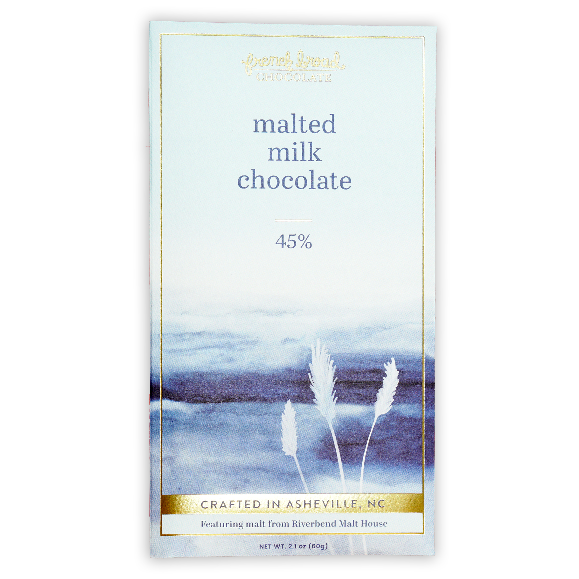 French Broad Malted Milk Chocolate 45% bar in blue wrapper