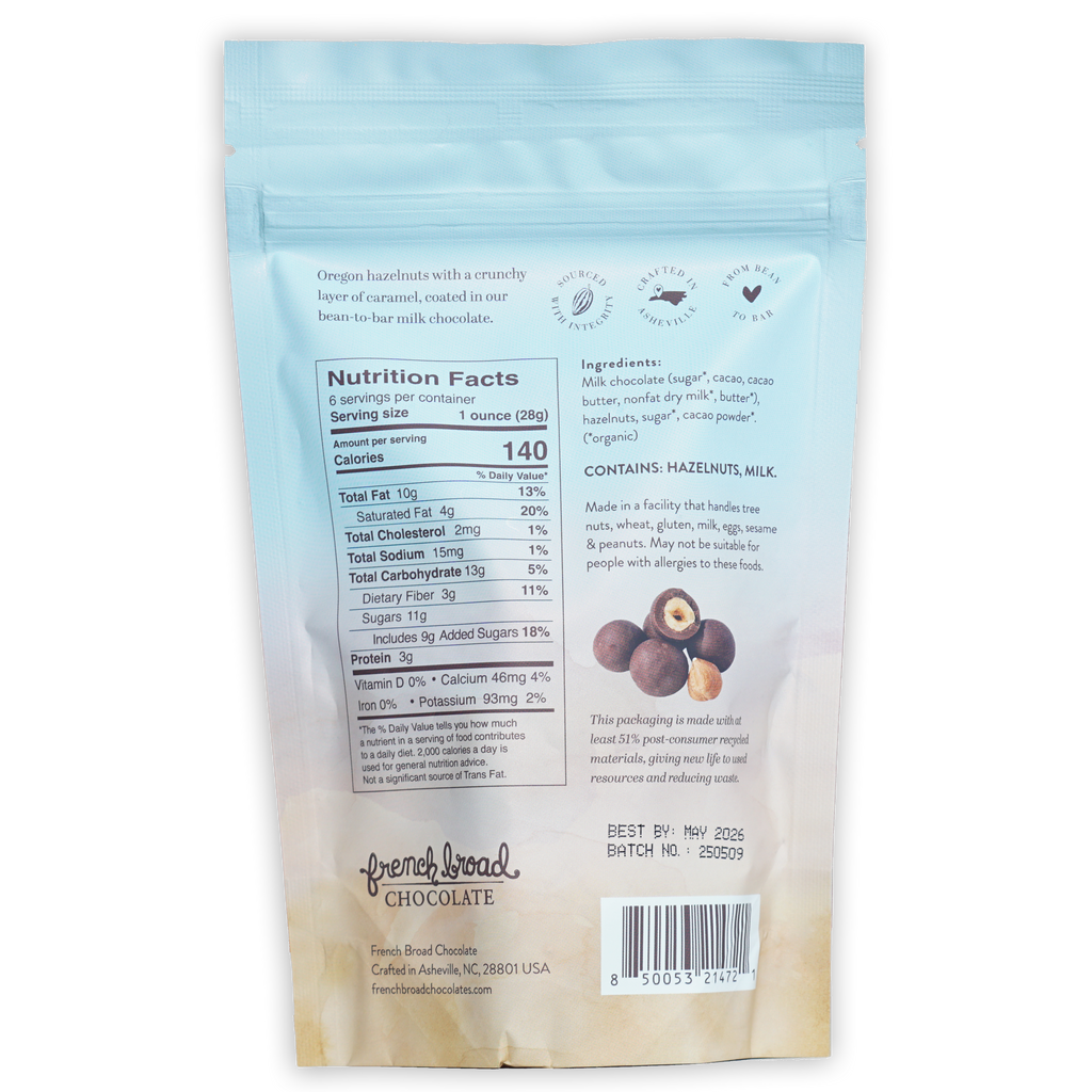 French Broad light blue beige resealable pouch of milk chocolate hazelnut candies