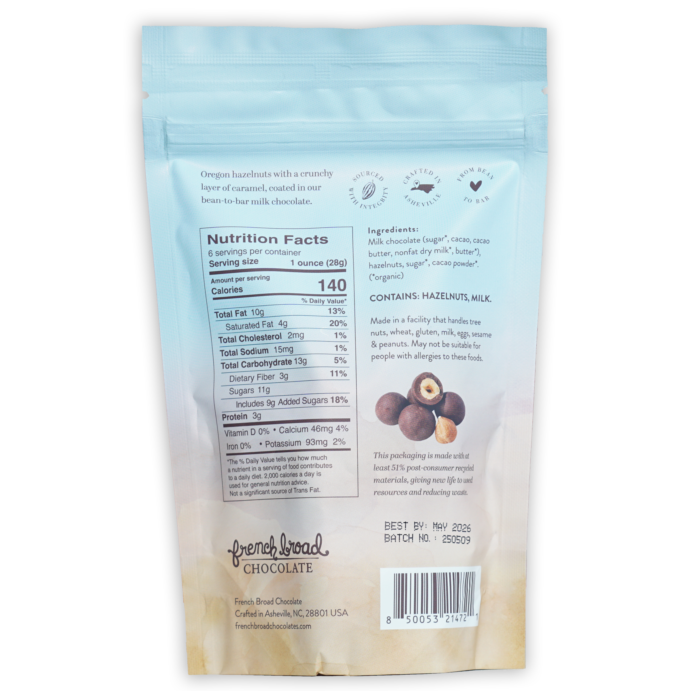 French Broad light blue beige resealable pouch of milk chocolate hazelnut candies