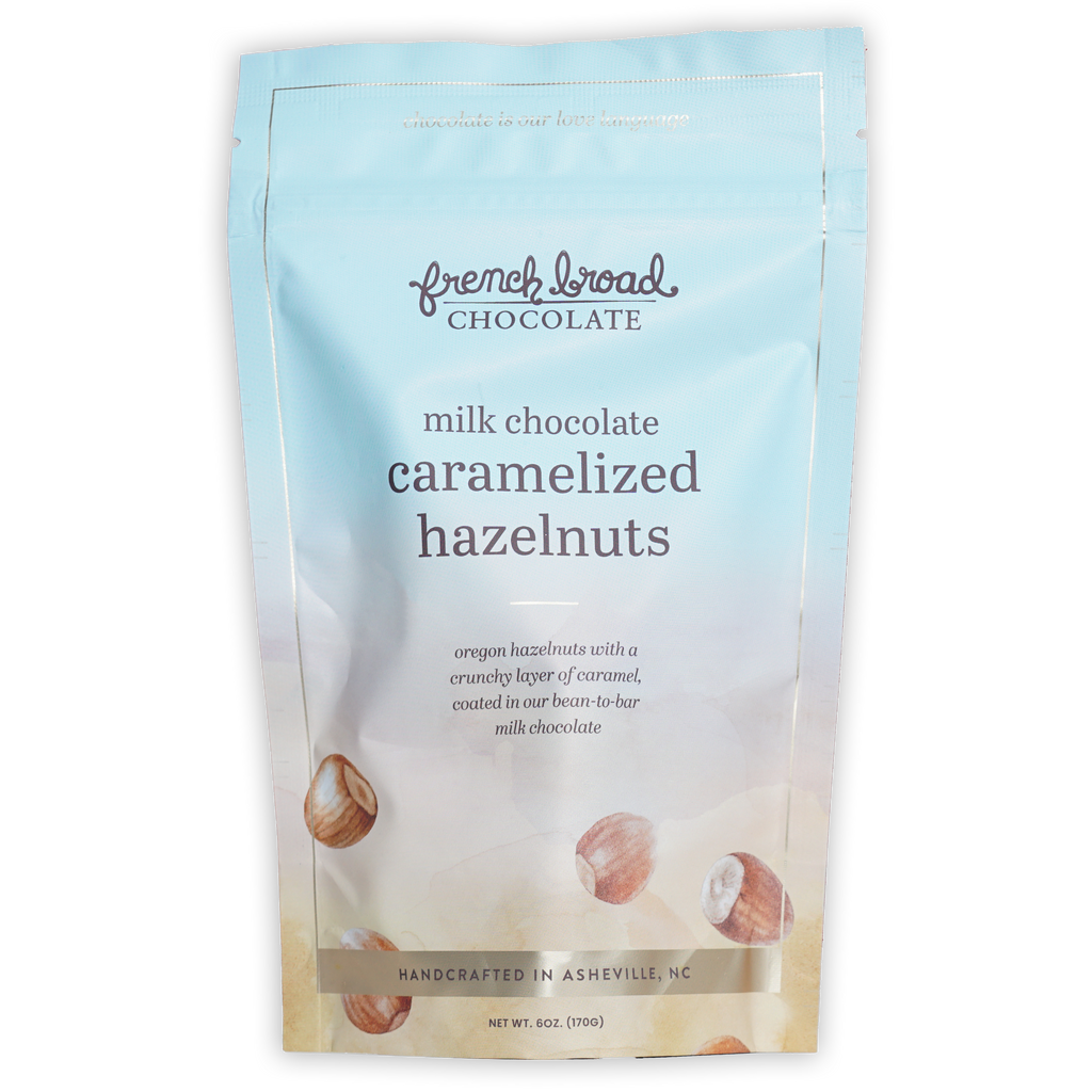 French Broad milk chocolate caramelized hazelnuts pouch, Asheville NC