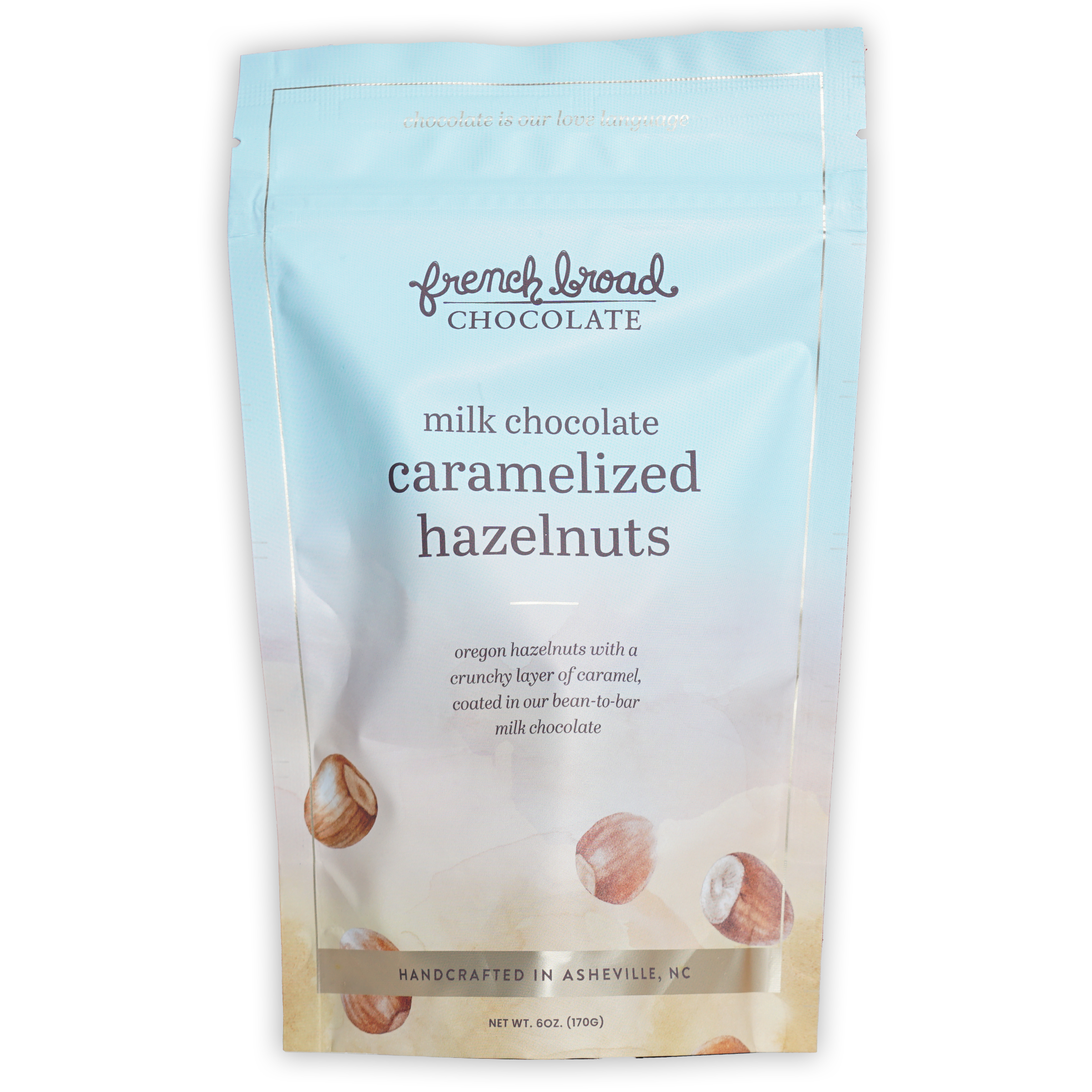 French Broad milk chocolate caramelized hazelnuts pouch, Asheville NC