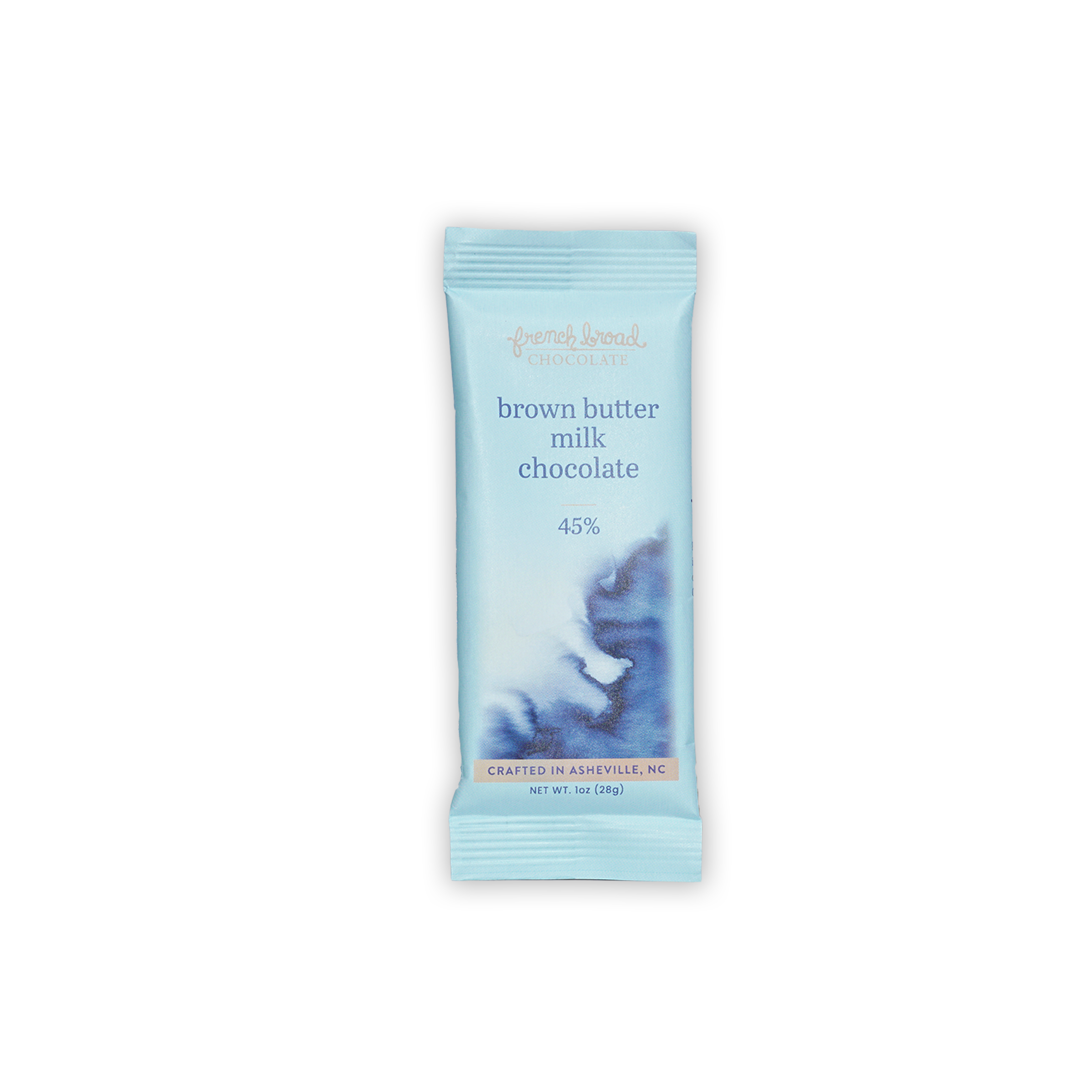 French Broad Mini Bars Brown Butter Milk 45% light blue wrapped bar