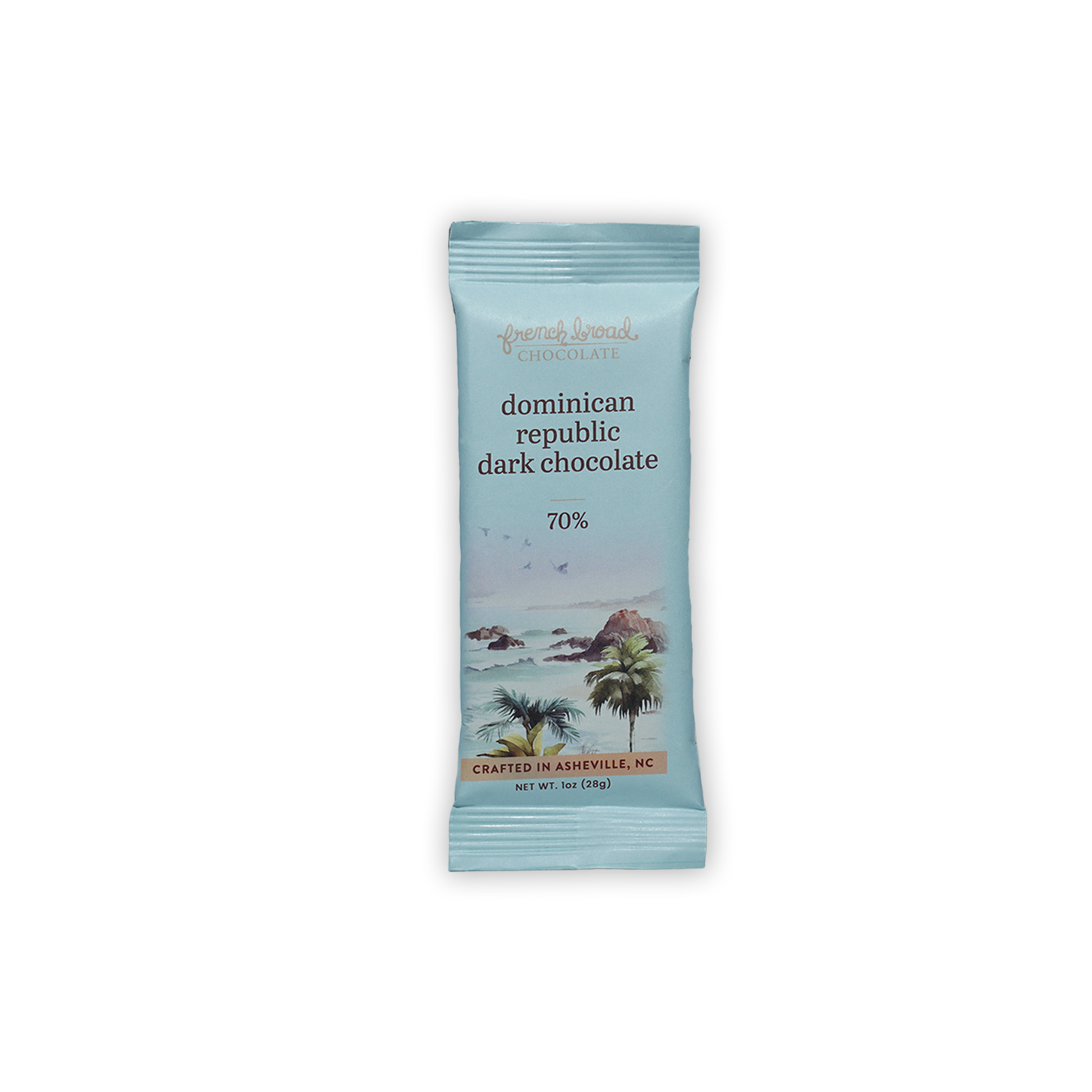 French Broad Mini Bars Dominican Republic 70% light blue wrapped dark chocolate bar