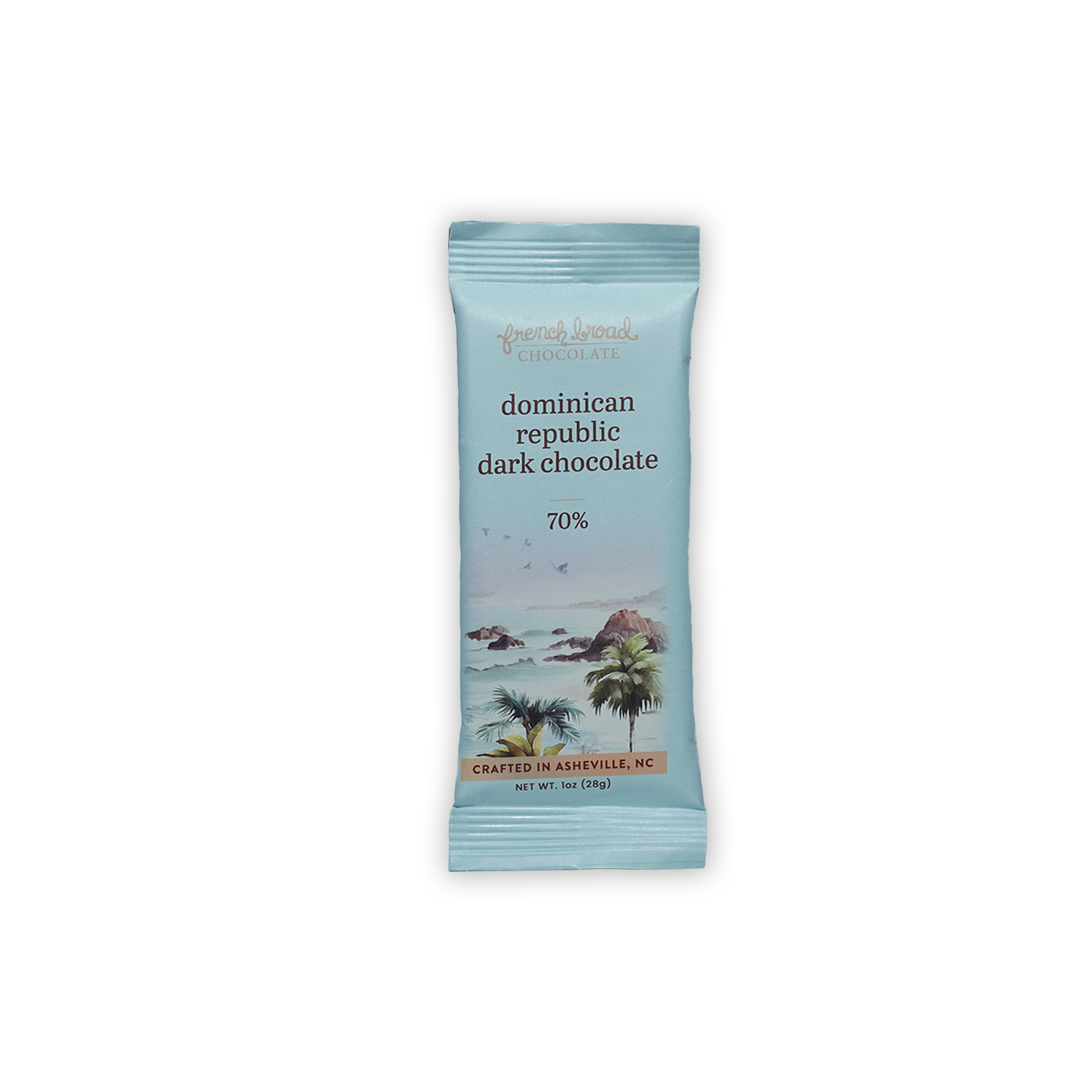 French Broad Mini Bars Dominican Republic 70% light blue wrapped dark chocolate bar