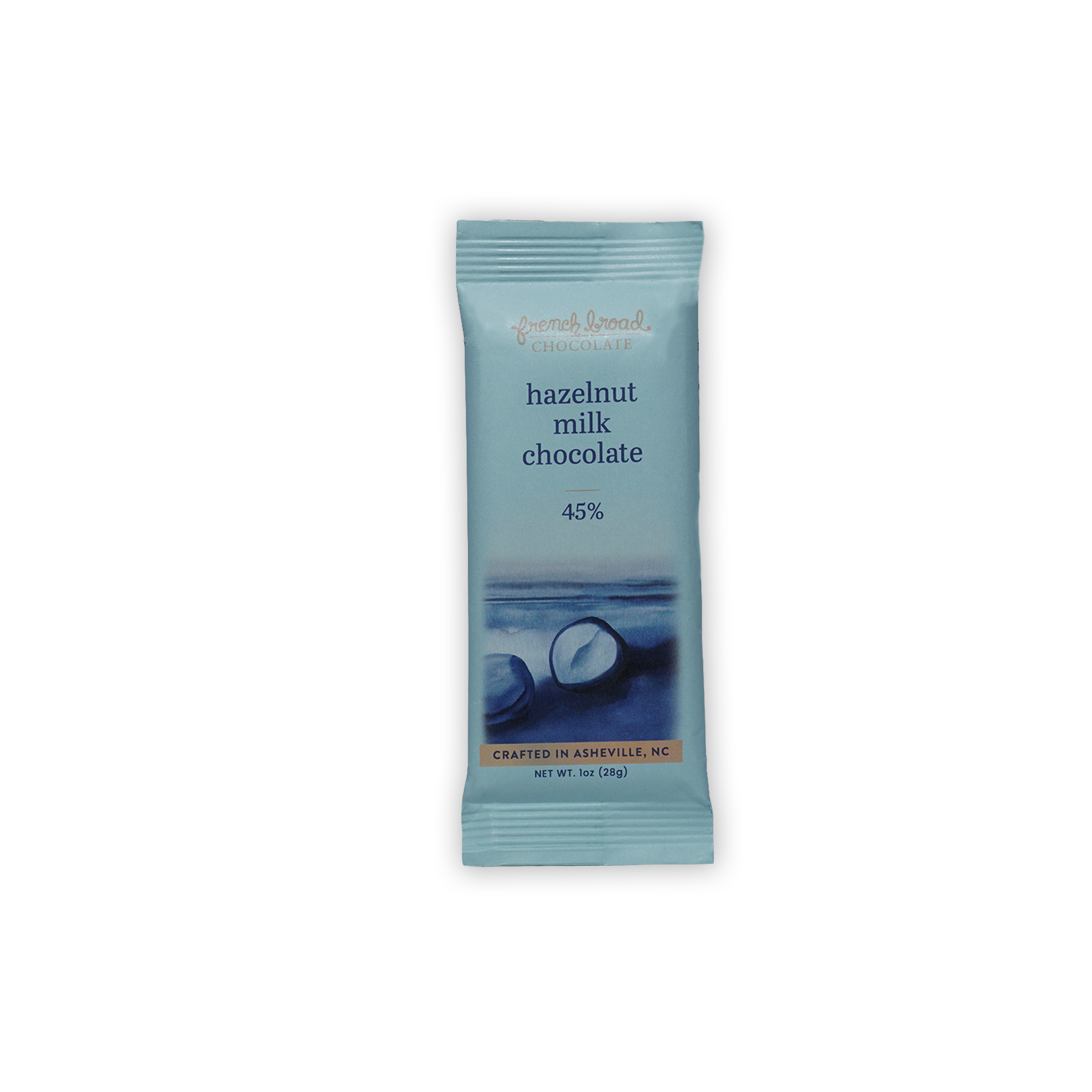 French Broad Mini Bars Hazelnut Milk 45% light blue wrapped bar