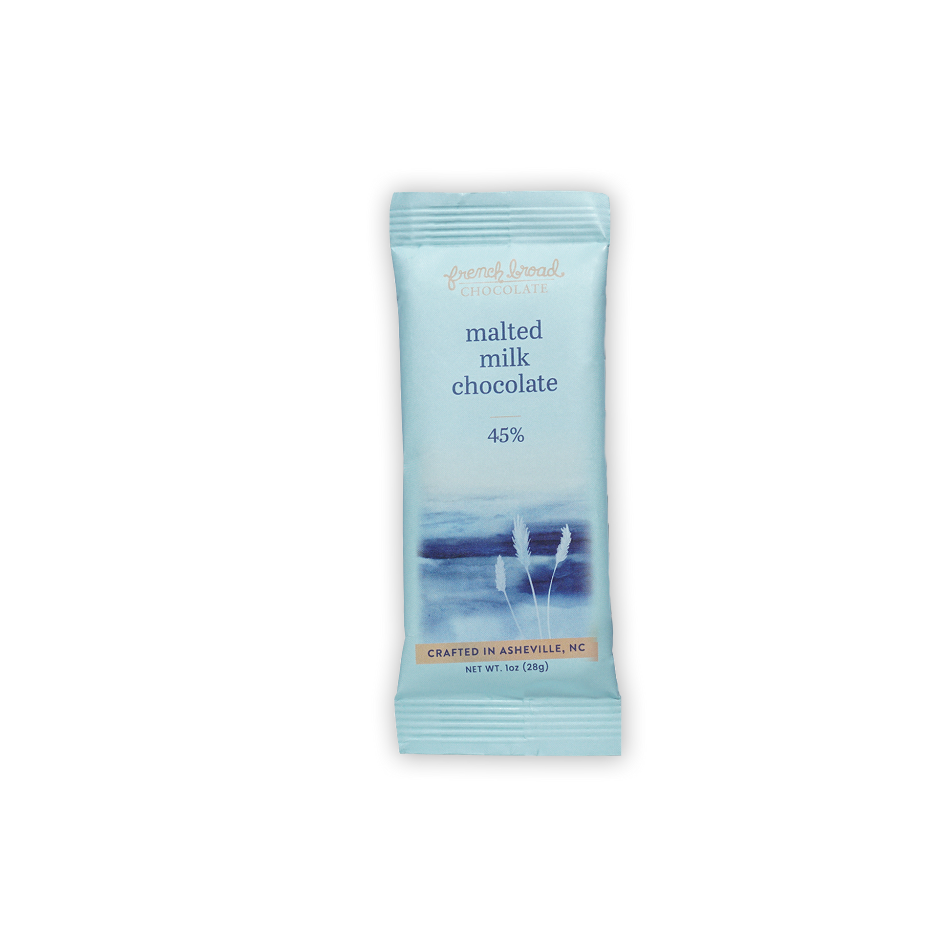 French Broad Mini Bars Malted Milk 45% light blue wrapped bar