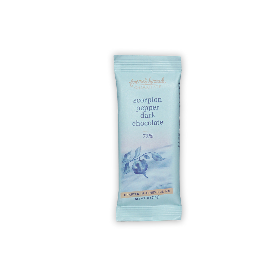 French Broad Mini Bars Scorpion Pepper 72% light blue wrapped dark chocolate
