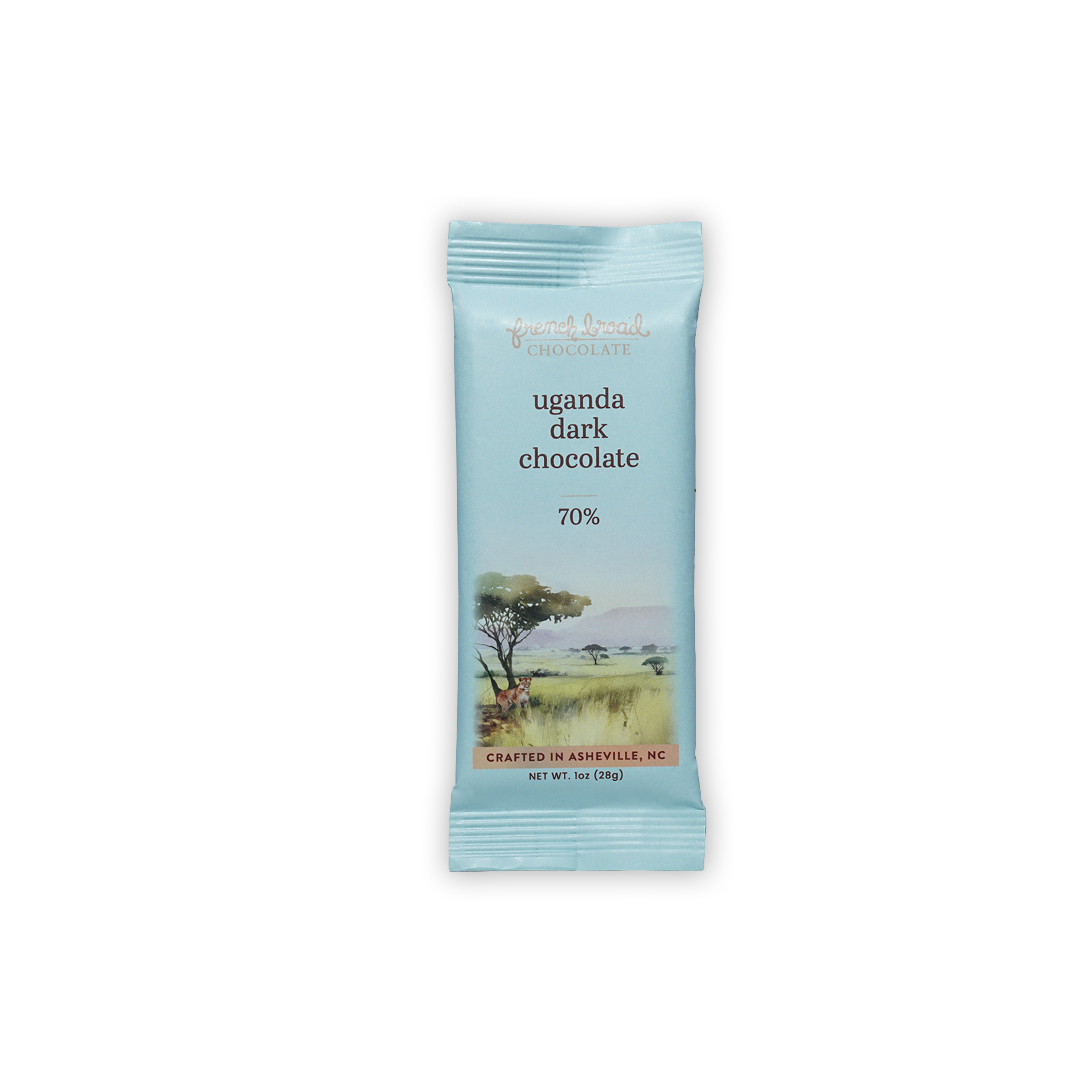 French Broad Mini Bars Uganda 70% light blue chocolate bar with scenic landscape