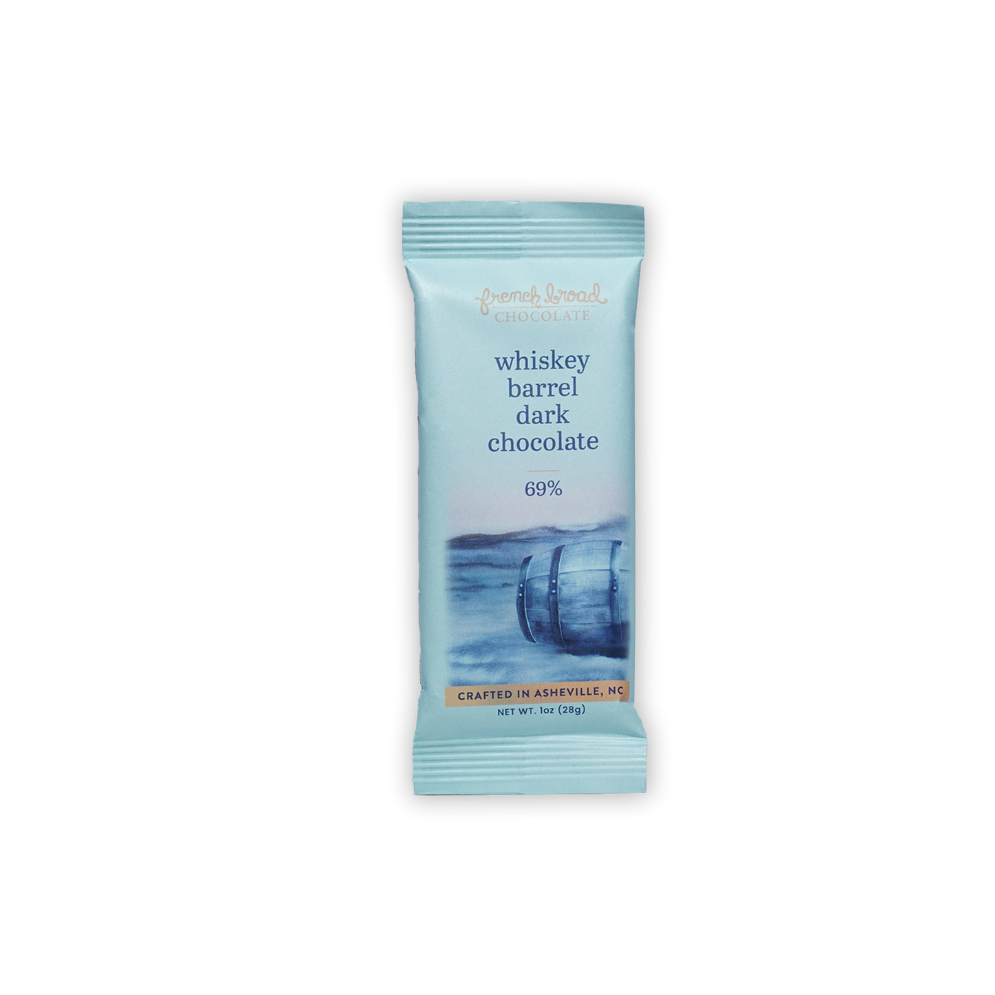 French Broad Whiskey Barrel 69% dark chocolate mini bar, light blue wrap