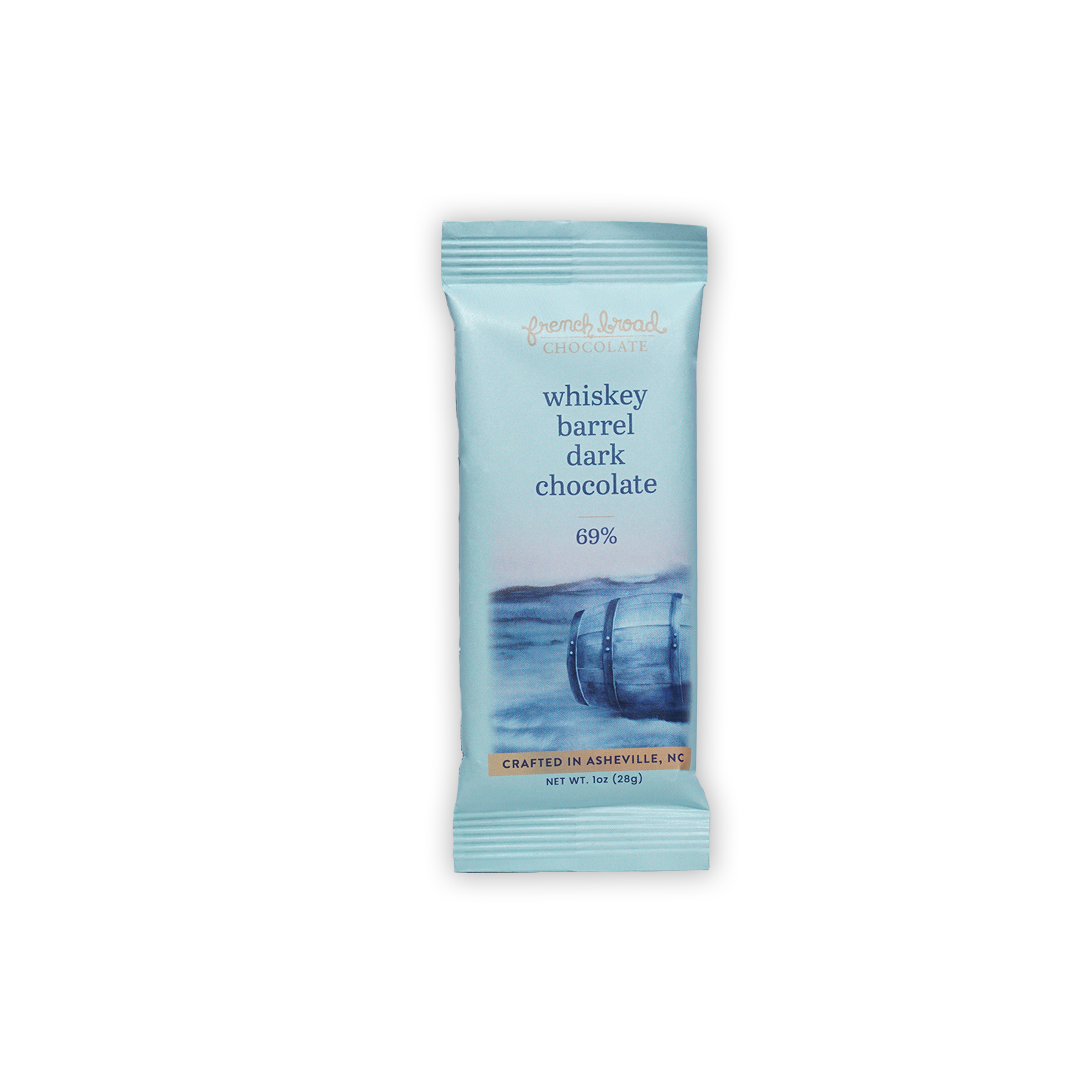 French Broad Whiskey Barrel 69% dark chocolate mini bar, light blue wrap