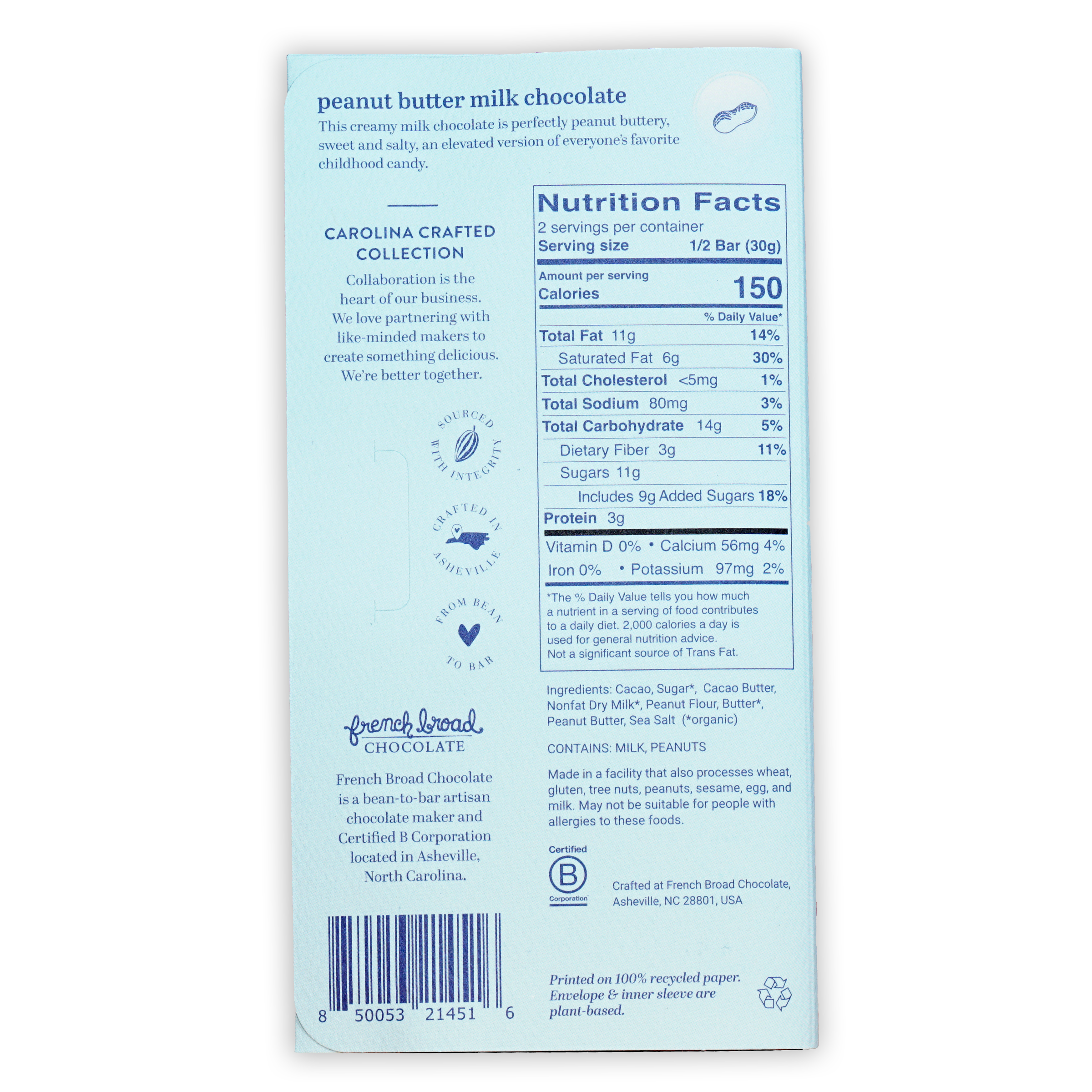 Back of French Broad Milk Chocolate w/ Peanut Butter 45% bar with nutrition facts