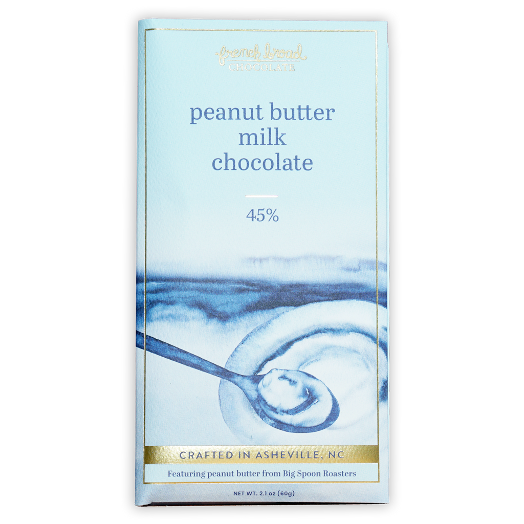 French Broad Milk Chocolate w/ Peanut Butter 45% bar, light blue gold wrap, watercolor peanut butter spoon