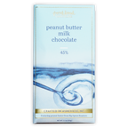 French Broad Milk Chocolate w/ Peanut Butter 45% bar, light blue gold wrap, watercolor peanut butter spoon