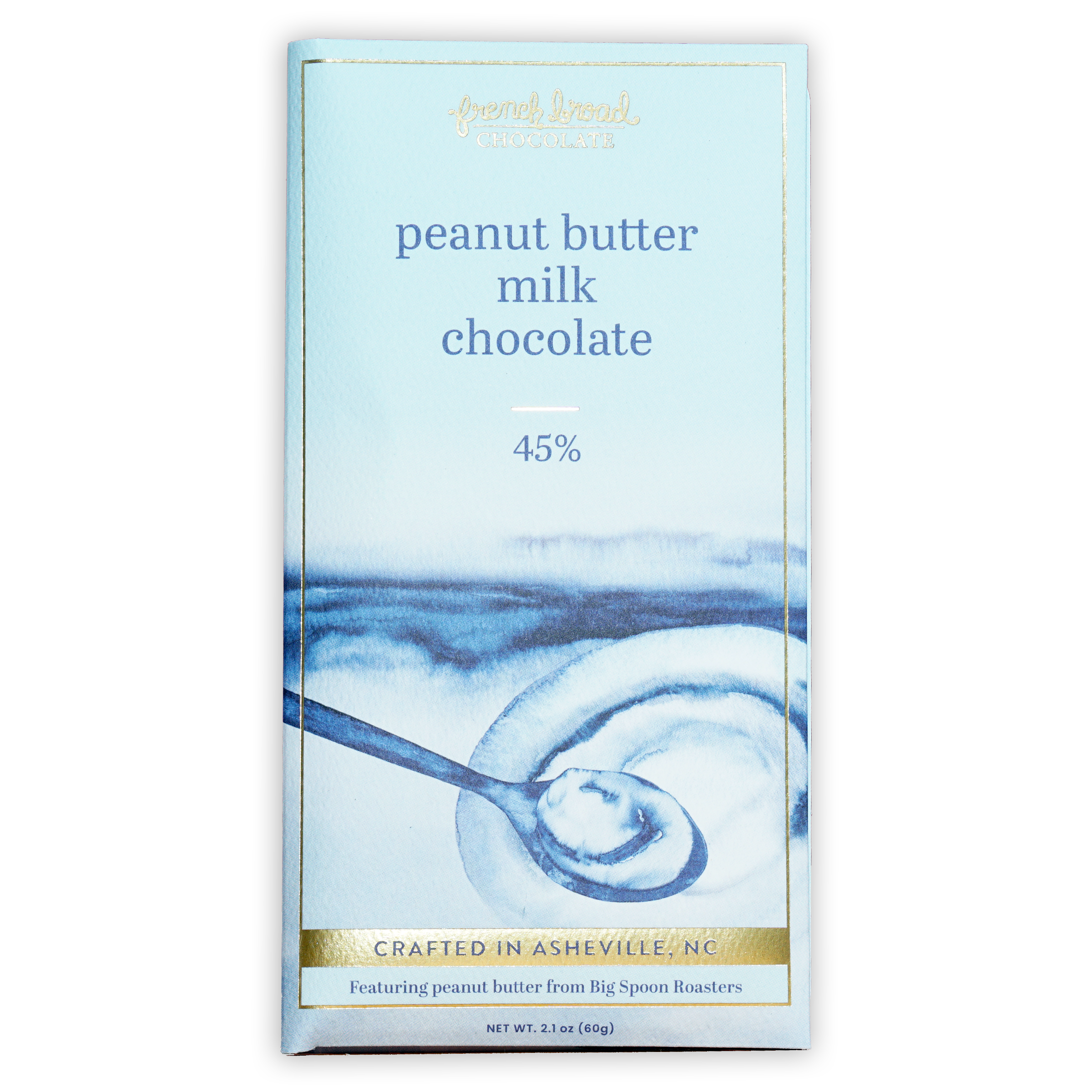 French Broad Milk Chocolate w/ Peanut Butter 45% bar, light blue gold wrap, watercolor peanut butter spoon