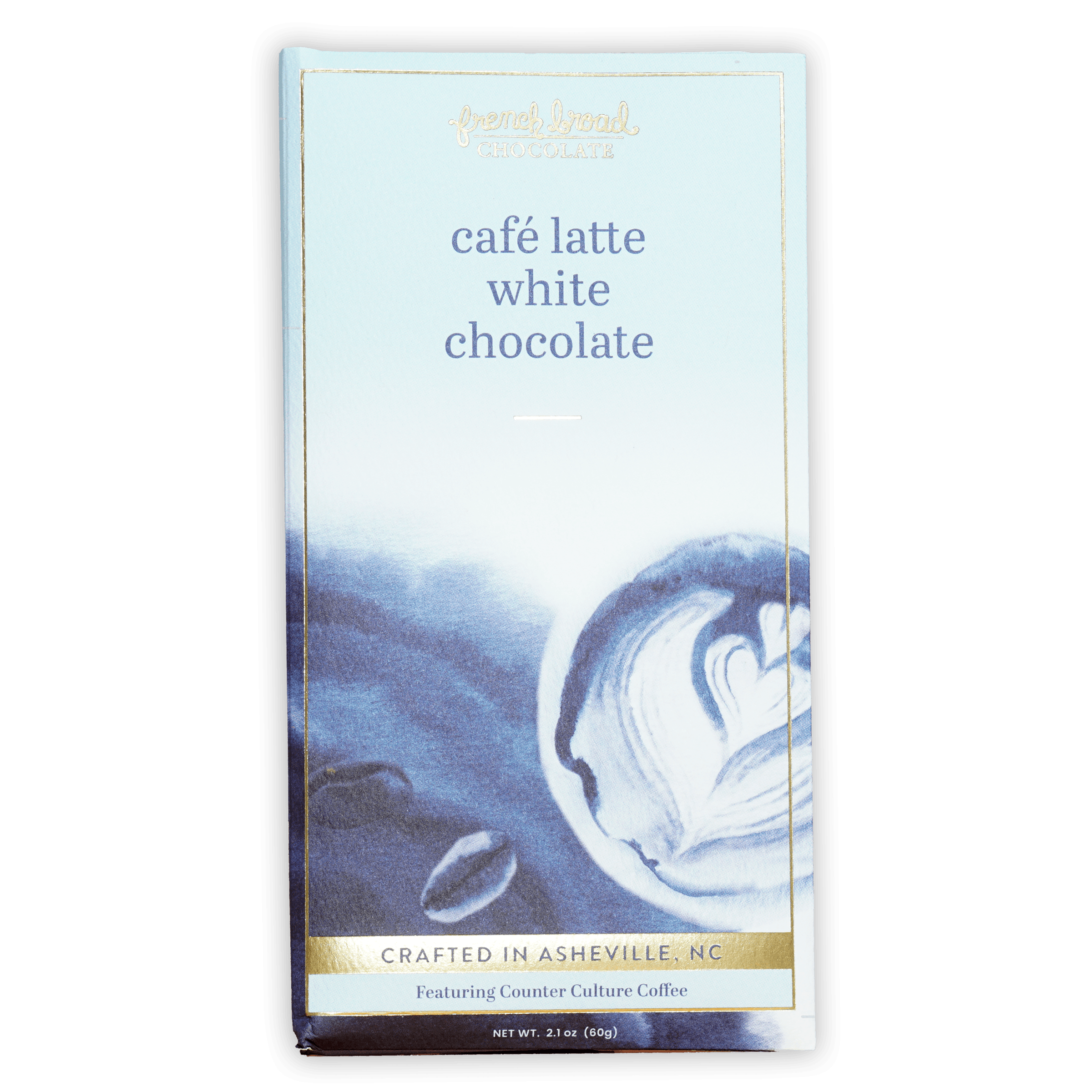French Broad White Chocolate Cafe Latte bar in blue gold packaging