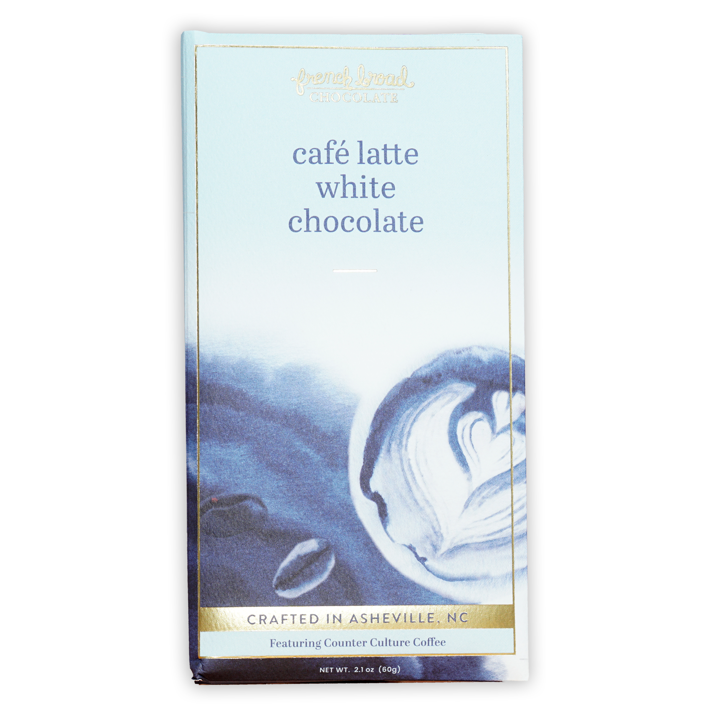 French Broad White Chocolate Cafe Latte bar in blue gold packaging