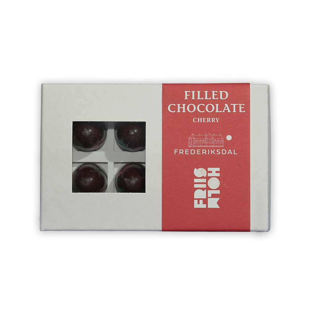 Friis Holm Frederiksdal cherry praline box with 4 glossy chocolates