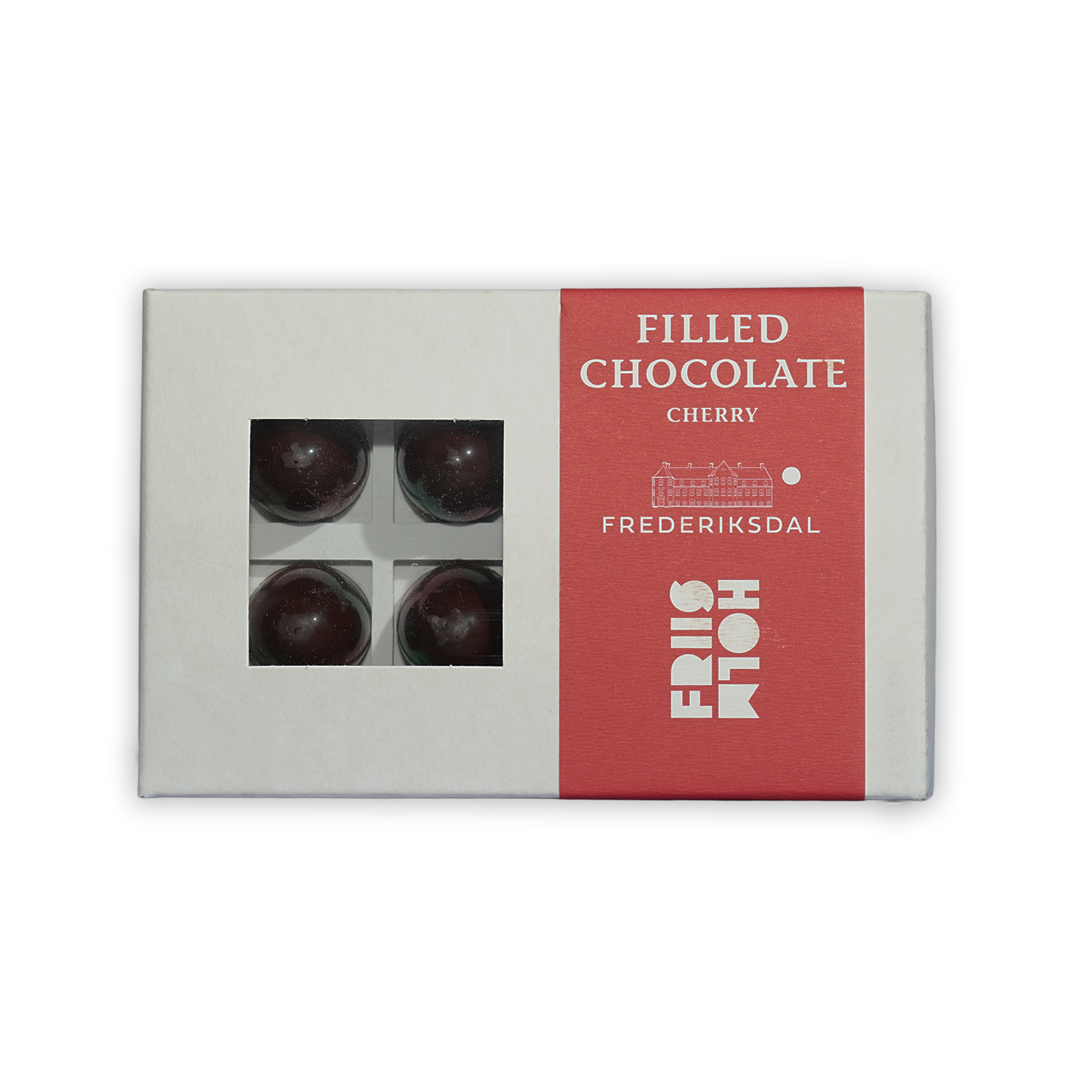 Friis Holm Frederiksdal cherry praline box with 4 glossy chocolates