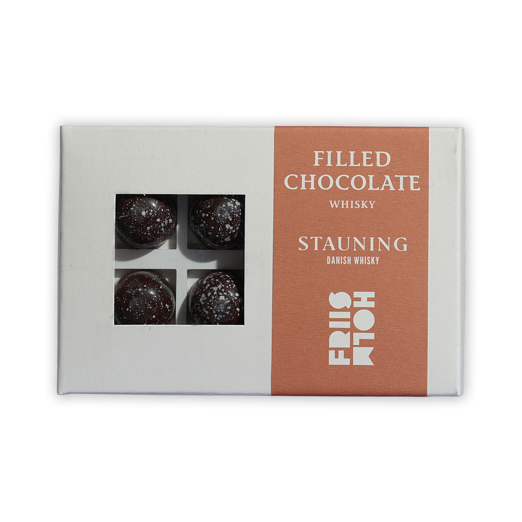 Friis Holm Stauning whisky pralines box with 8 dark speckled truffles