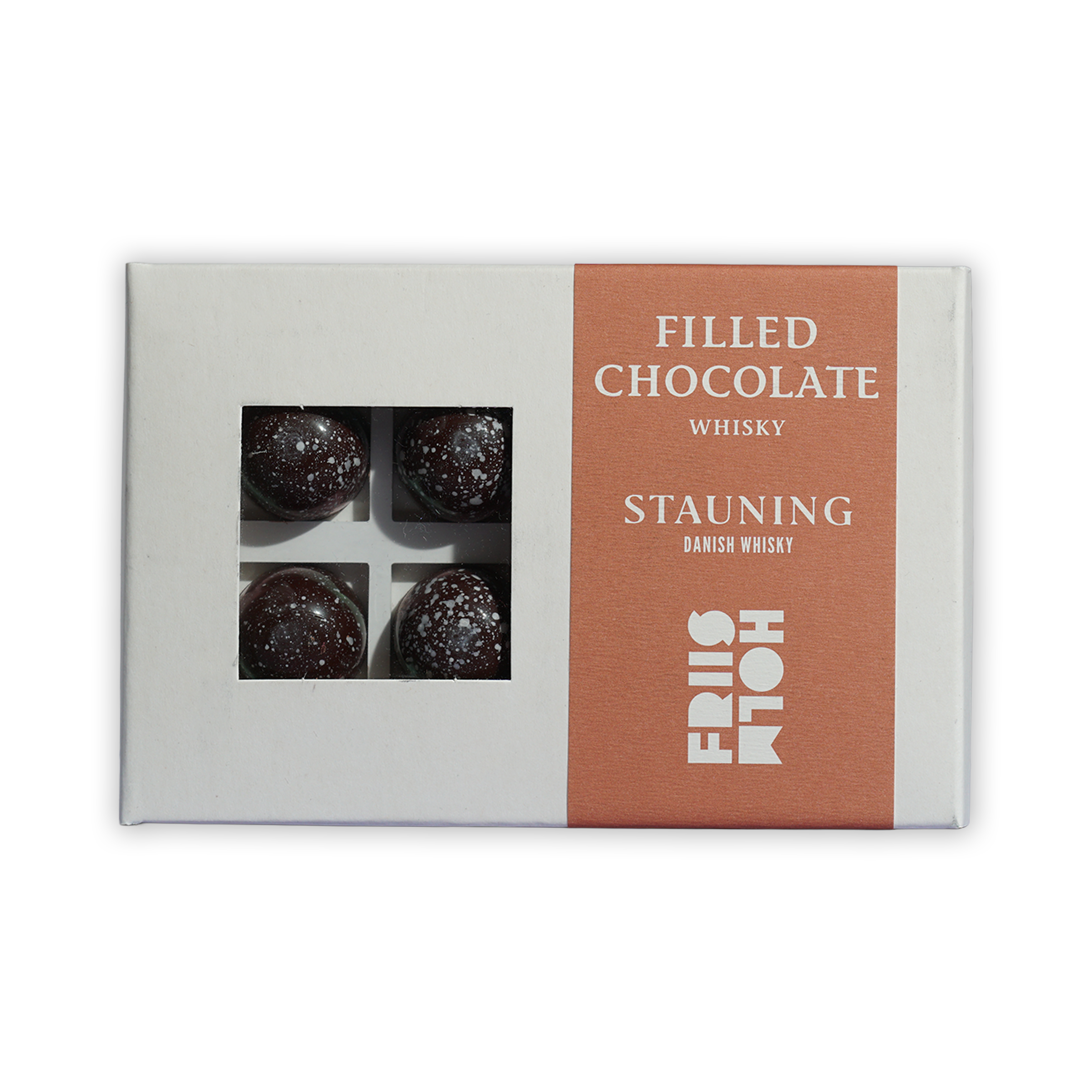 Friis Holm Stauning whisky pralines box with 8 dark speckled truffles