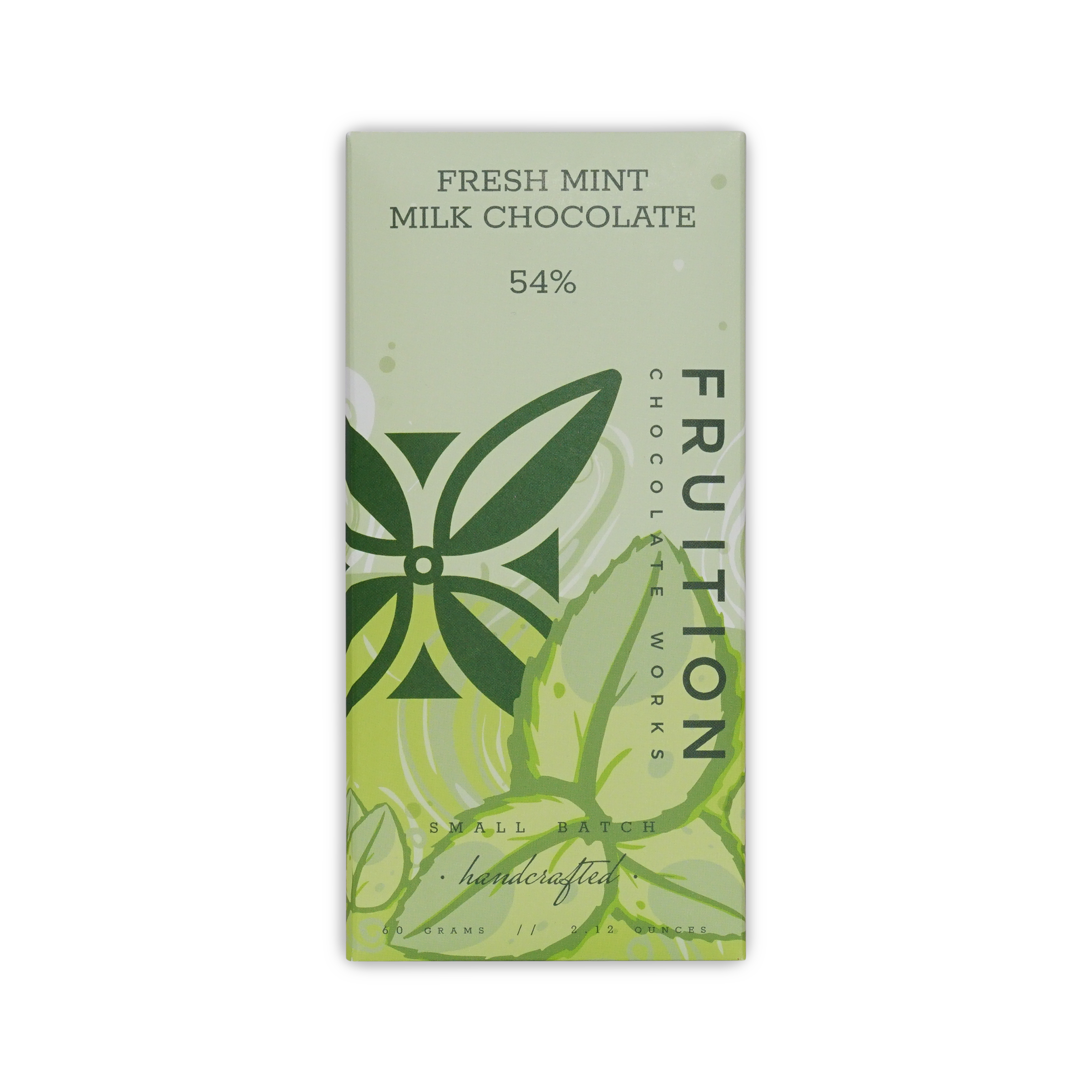 A single Fruition Fresh Mint Milk Chocolate bar package, 54% cocoa, featuring a light sage green background with dark green mint leaf illustrations and vertical brand text.