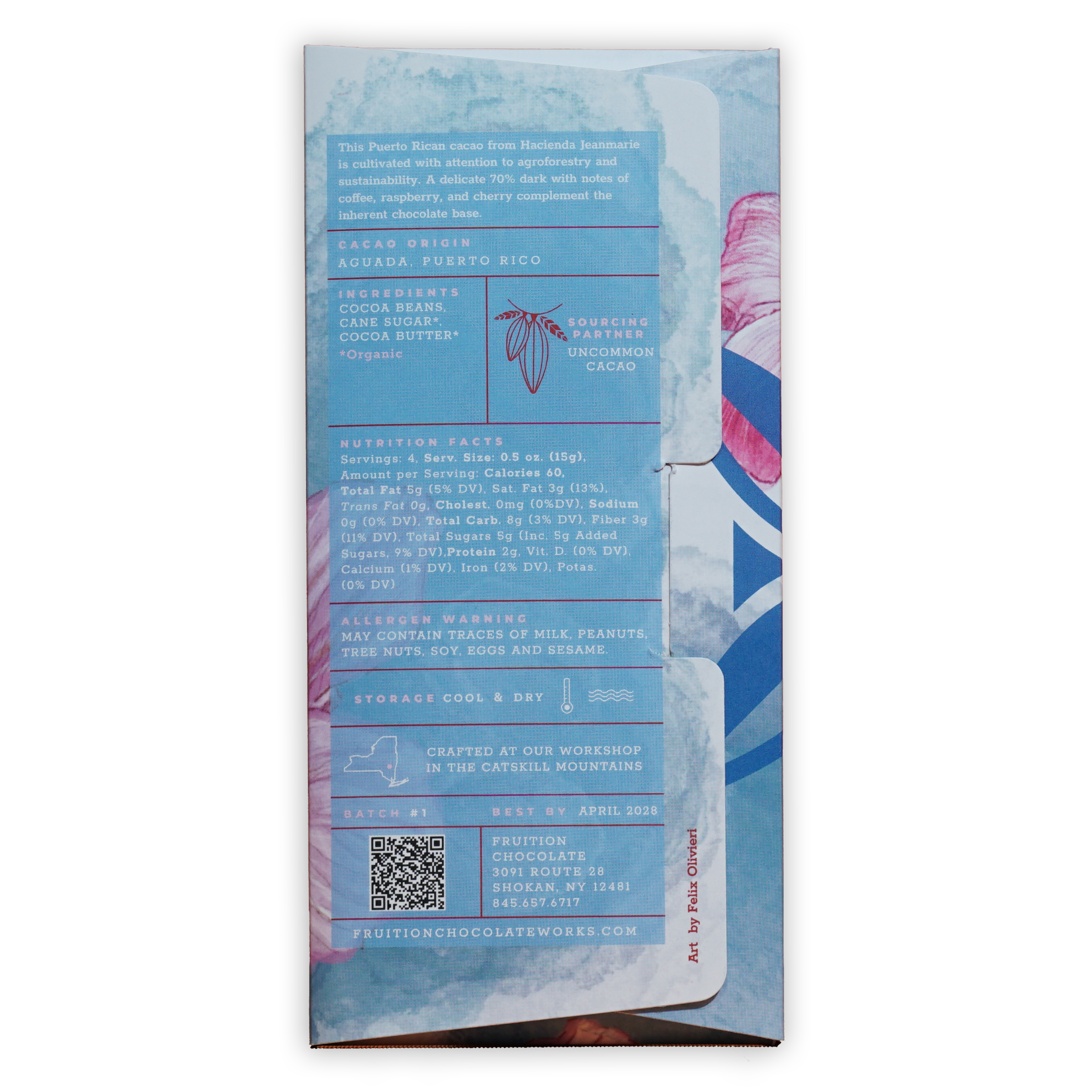 Fruition Dark Puerto Rico Jeanmarie 70% light blue floral chocolate wrapper