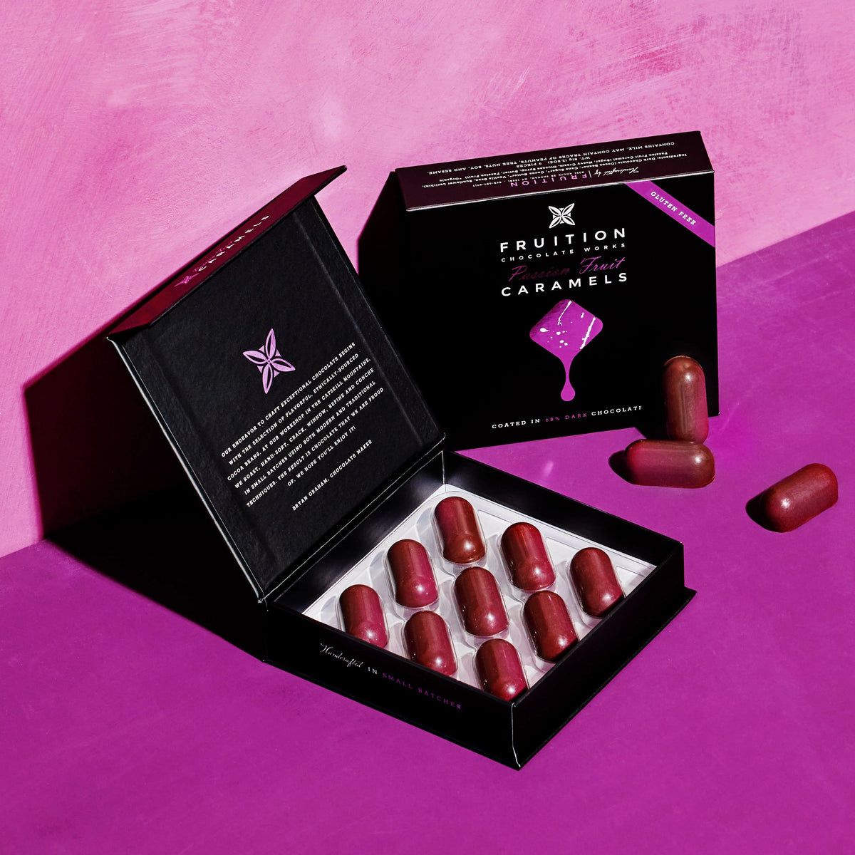 open box of Fruition passion fruit caramels