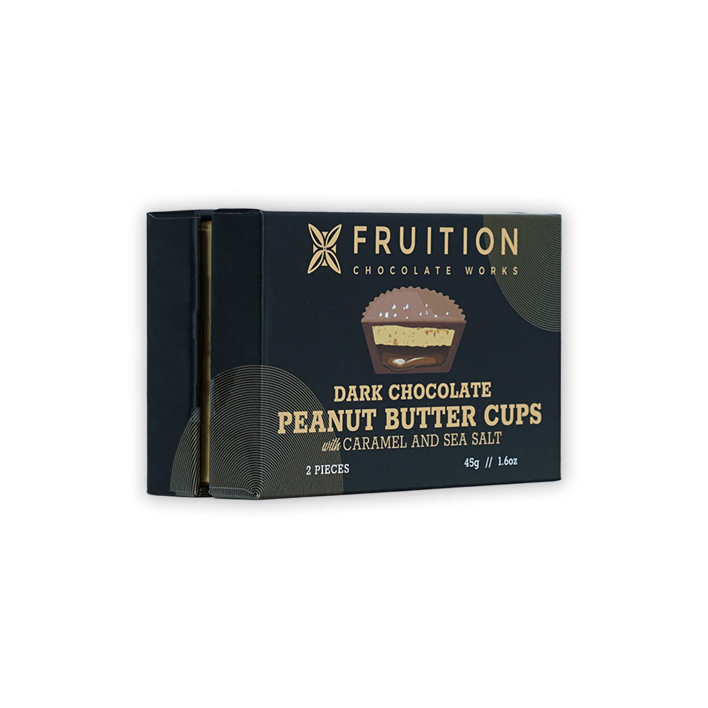 Fruition Chocolate dark peanut butter cups with caramel and sea salt in navy box