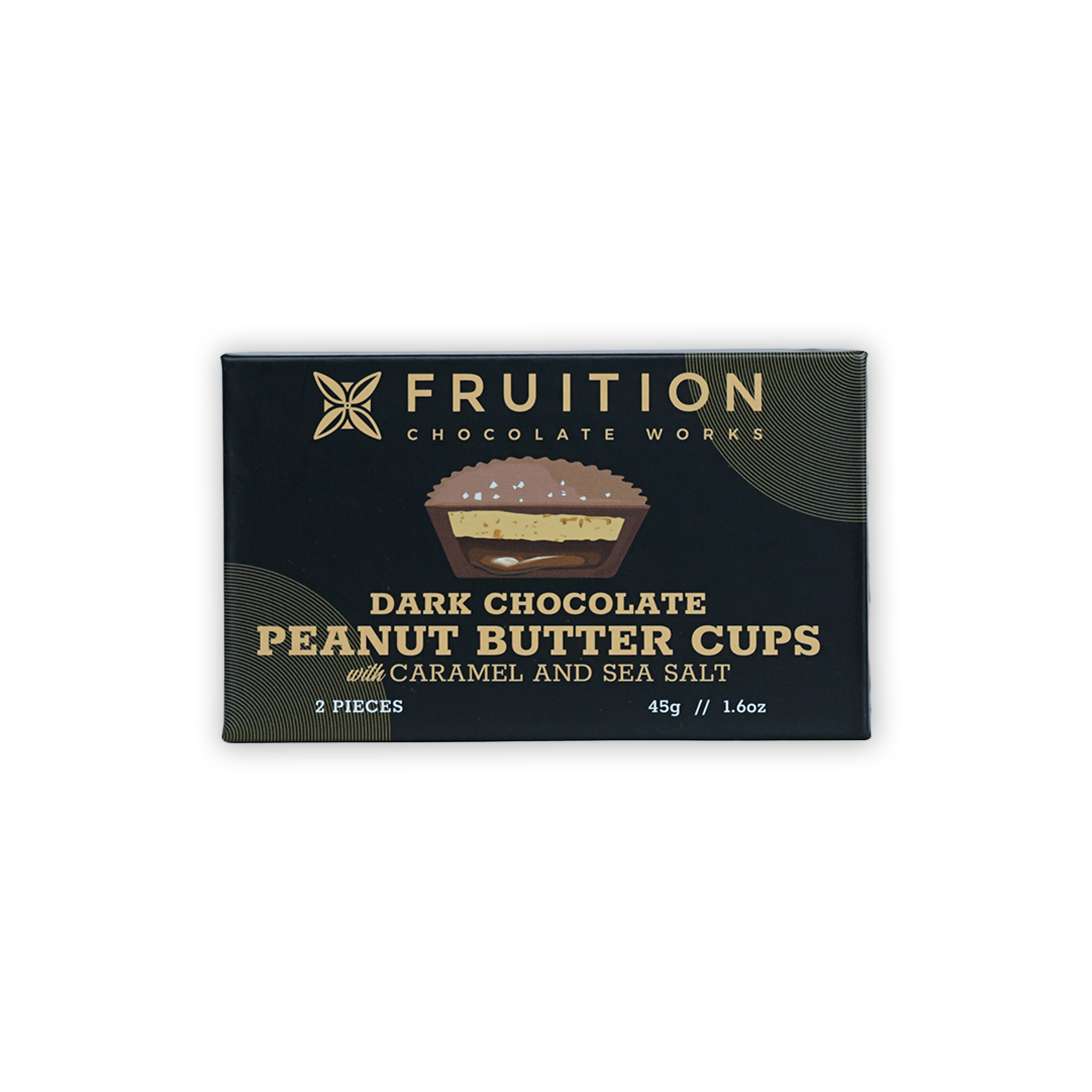 Fruition Chocolate dark peanut butter cups with caramel and sea salt in black box