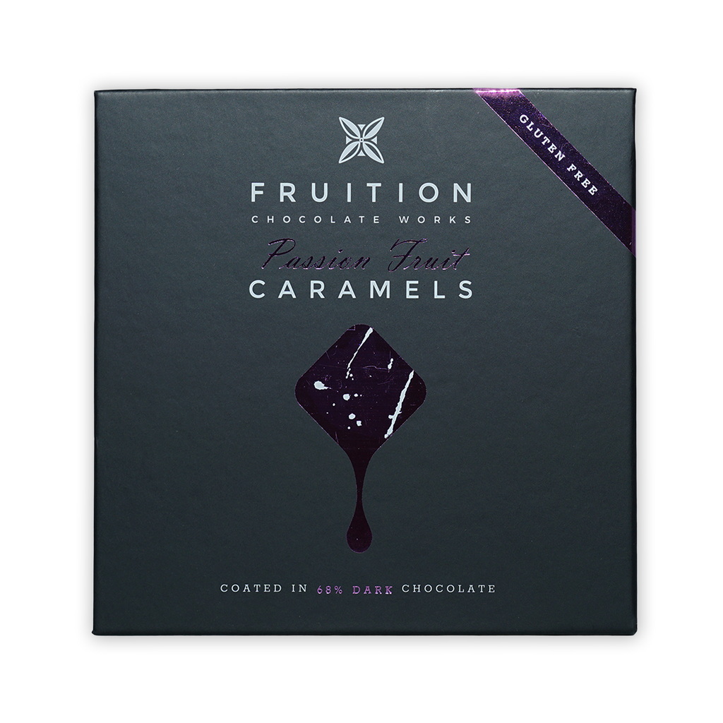 Fruition Passion Fruit Caramels 9 pcs dark gray box with 68% dark chocolate coating