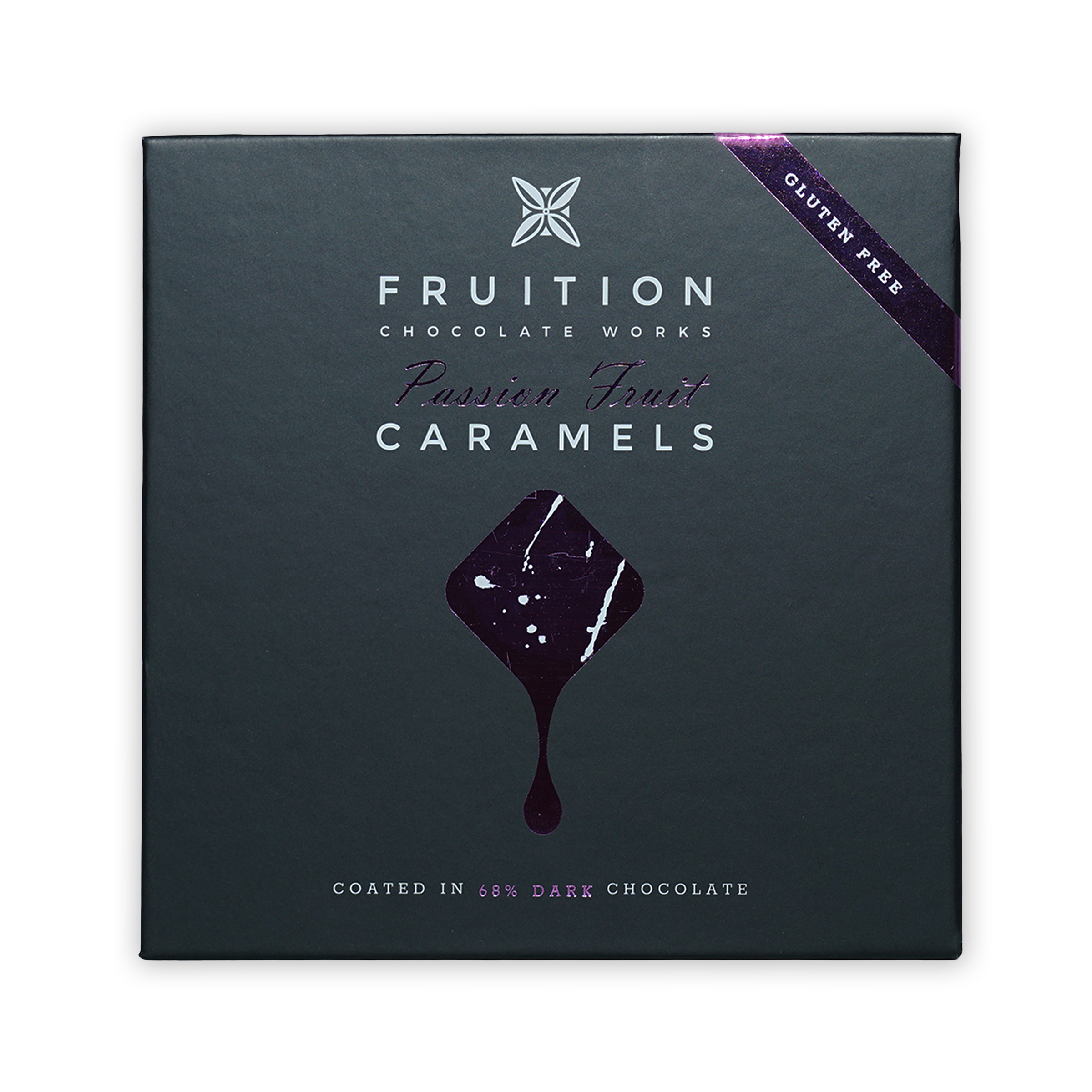 Fruition Passion Fruit Caramels 9 pcs dark gray box with 68% dark chocolate coating