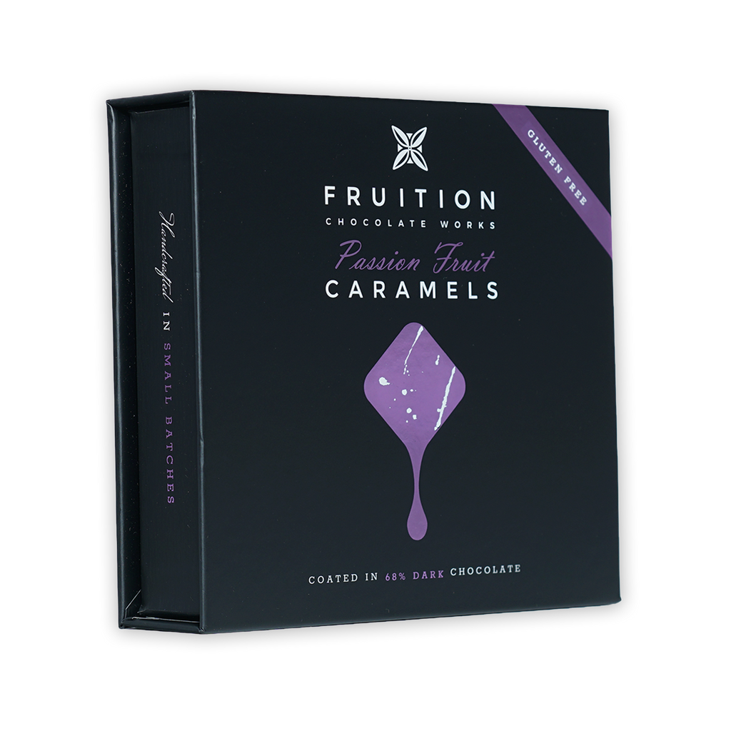 Fruition Passion Fruit Caramels 9 pcs box, gluten free dark chocolate
