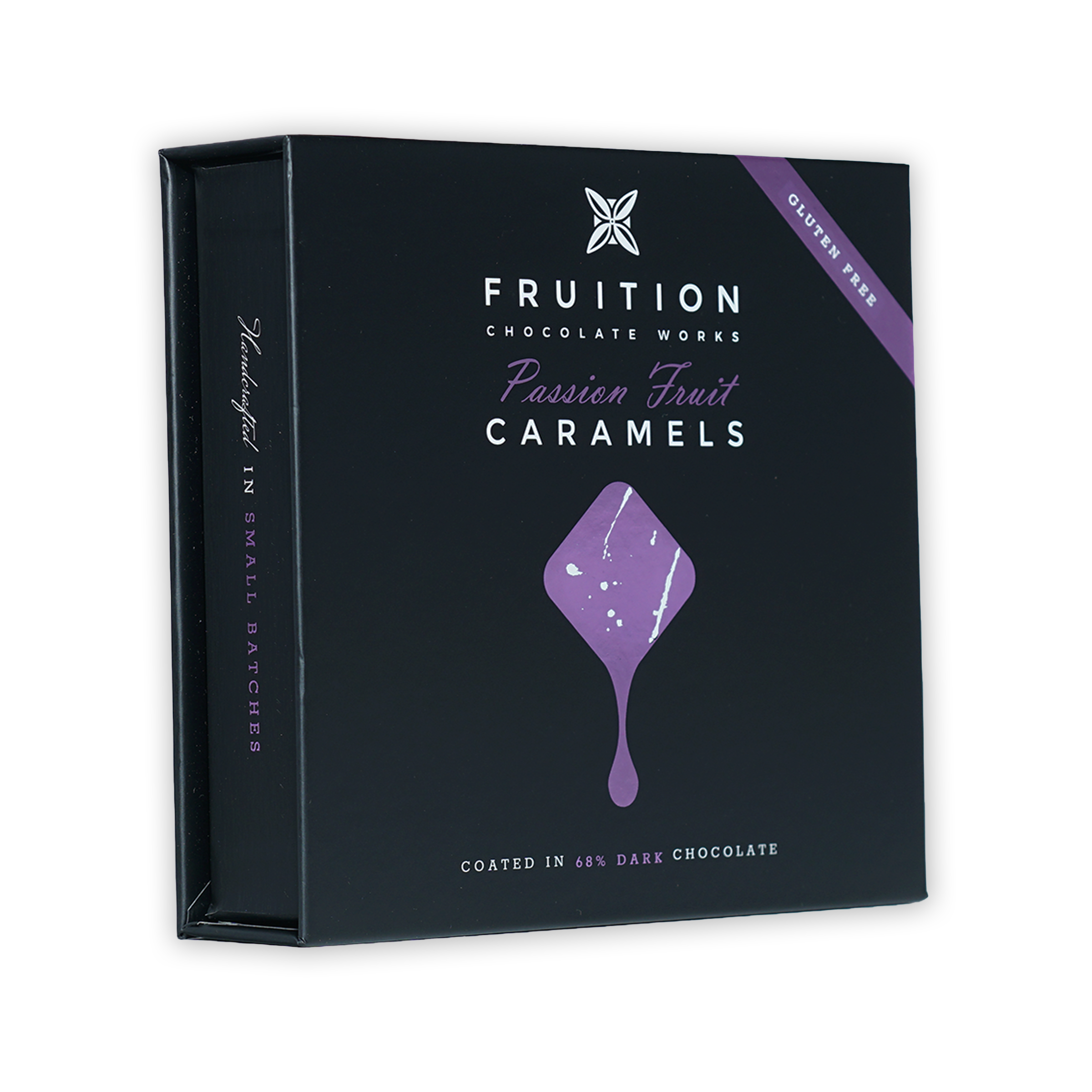 Fruition Passion Fruit Caramels 9 pcs box, gluten free dark chocolate