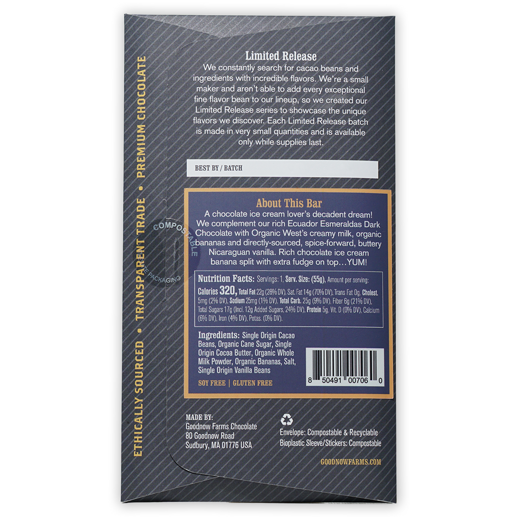 Goodnow Farms Banana Split 59% dark chocolate bar in transparent wrapper