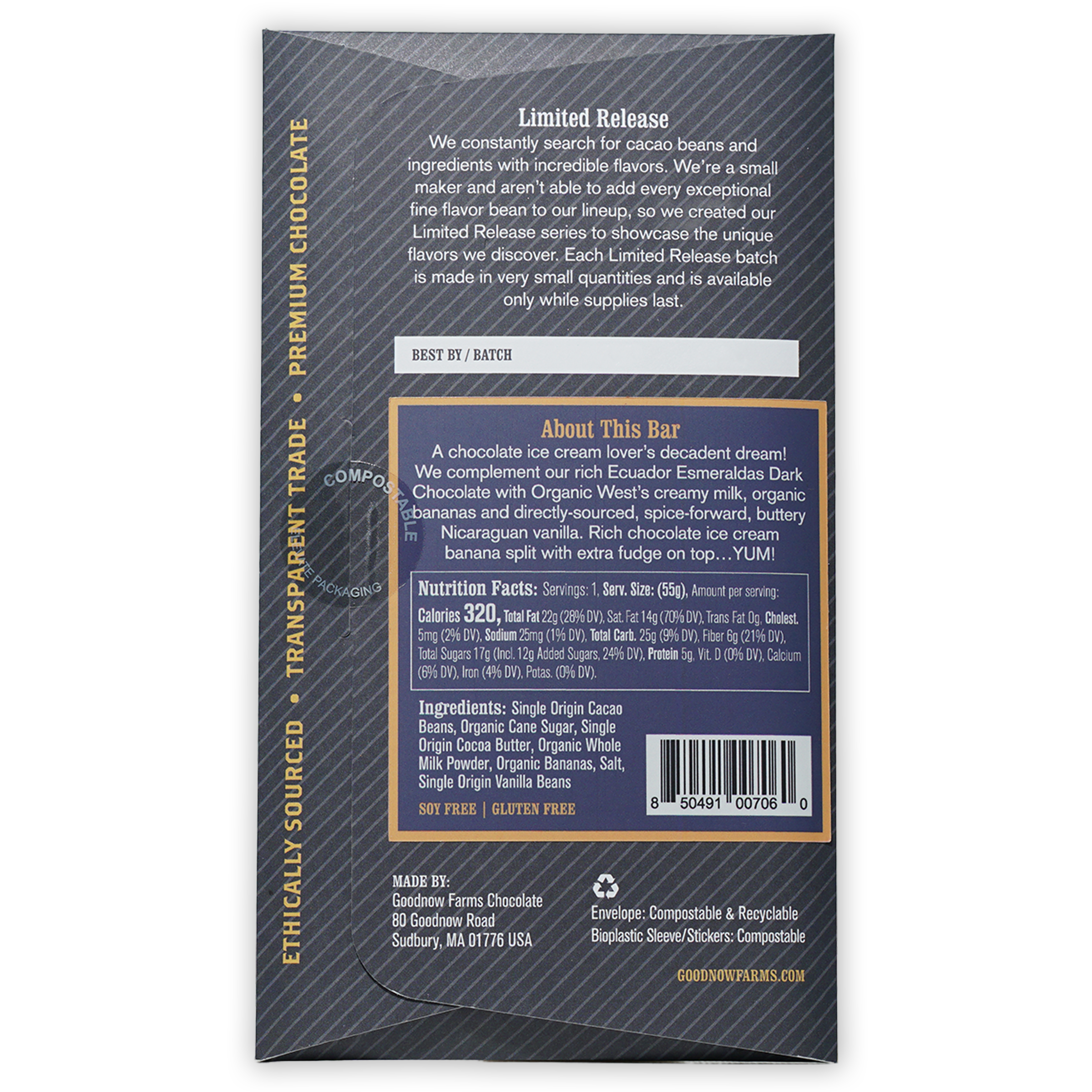 Goodnow Farms Banana Split 59% dark chocolate bar in transparent wrapper