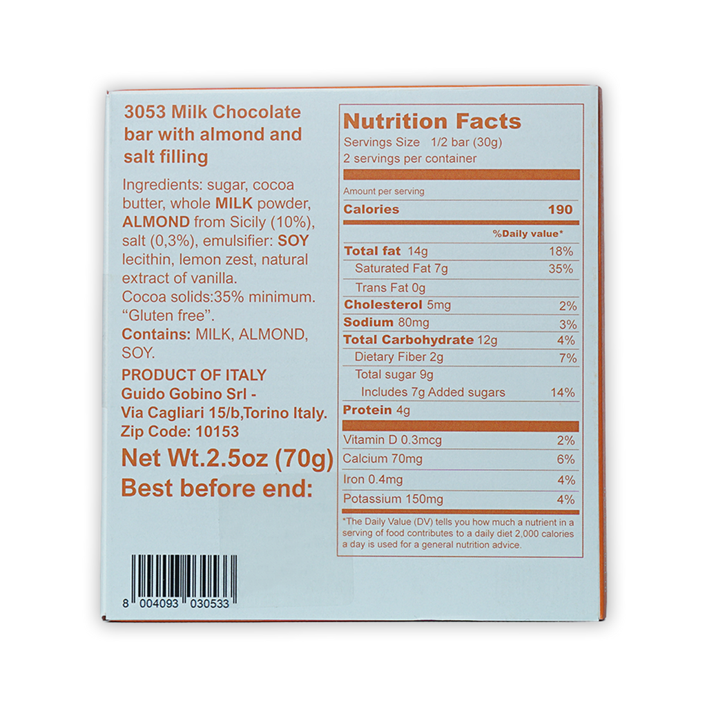 Guido Gobino 3053 milk chocolate bar with salted almonds 35% box
