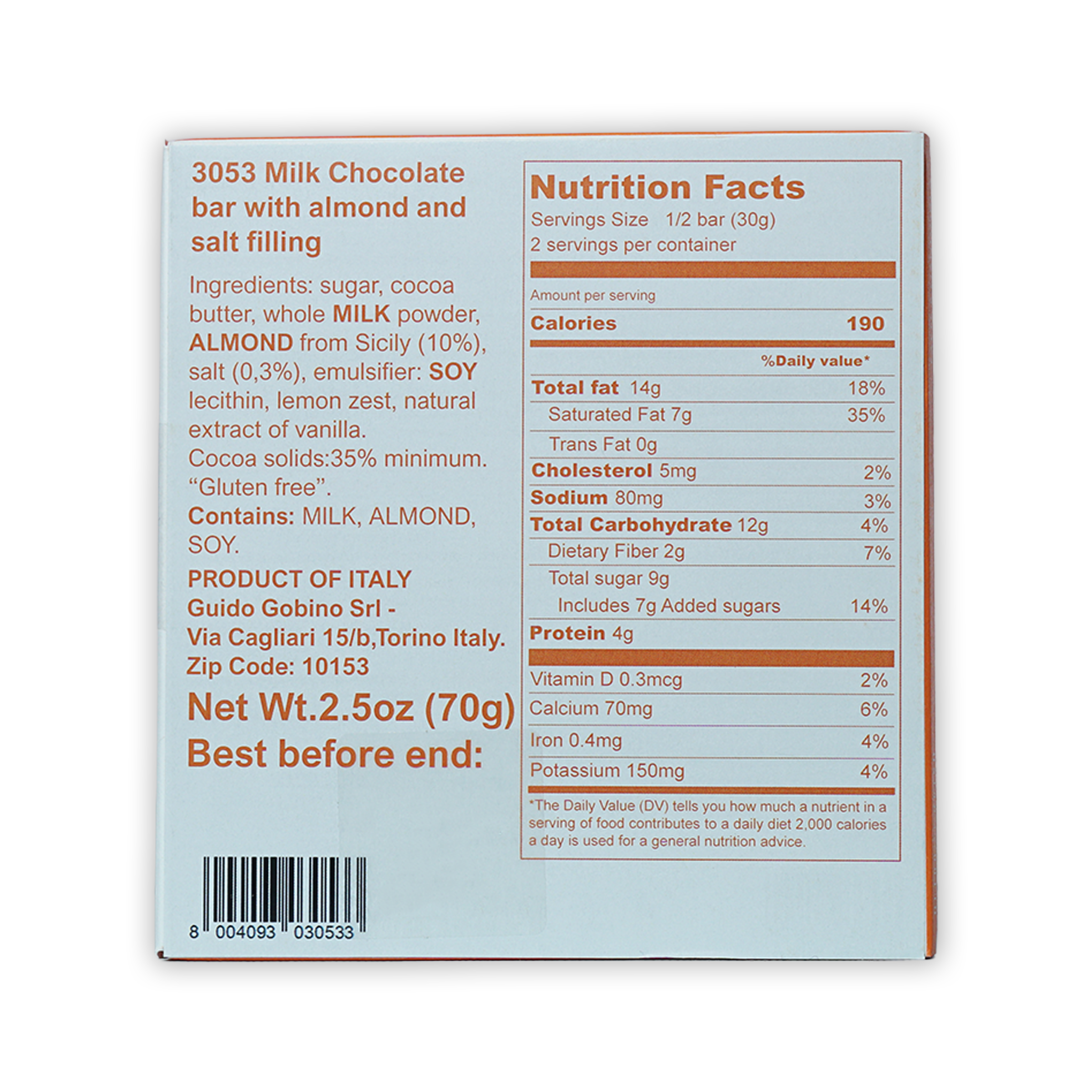 Guido Gobino 3053 milk chocolate bar with salted almonds 35% box
