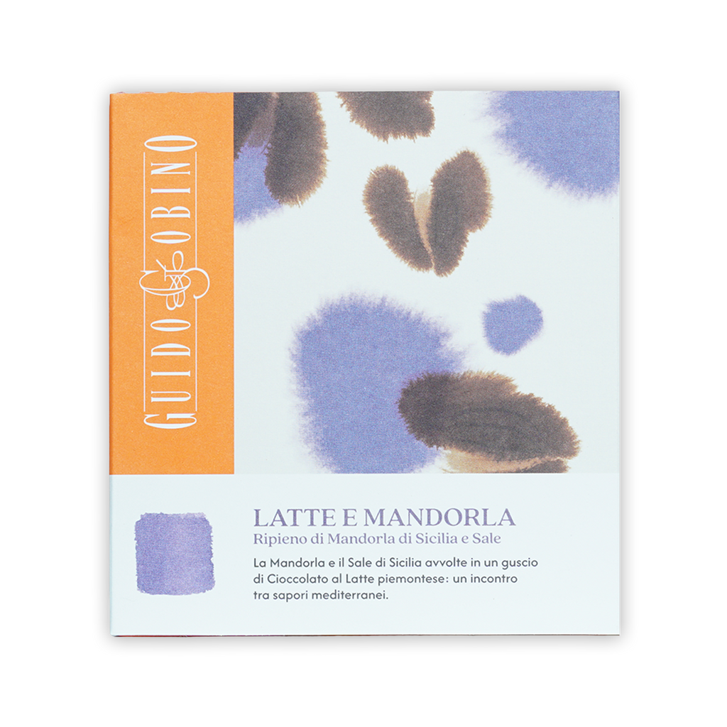 Guido Gobino Latte e Mandorla milk chocolate bar with salted almonds, purple packaging