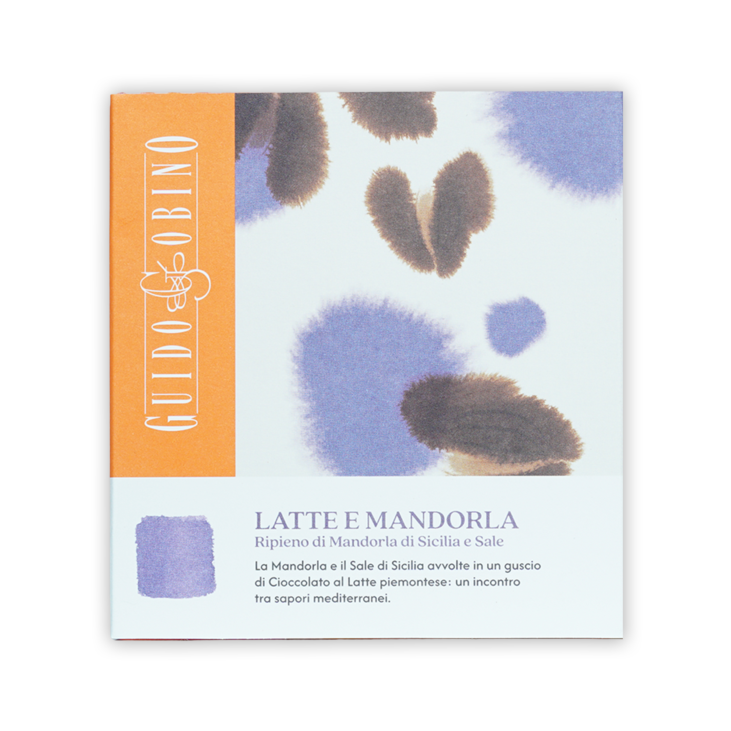 Guido Gobino Latte e Mandorla milk chocolate bar with salted almonds, purple packaging