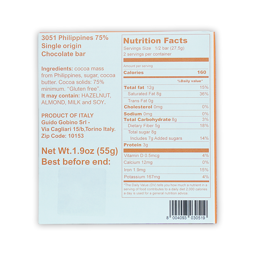 Guido Gobino 75% Philippines dark chocolate bar, light blue orange package