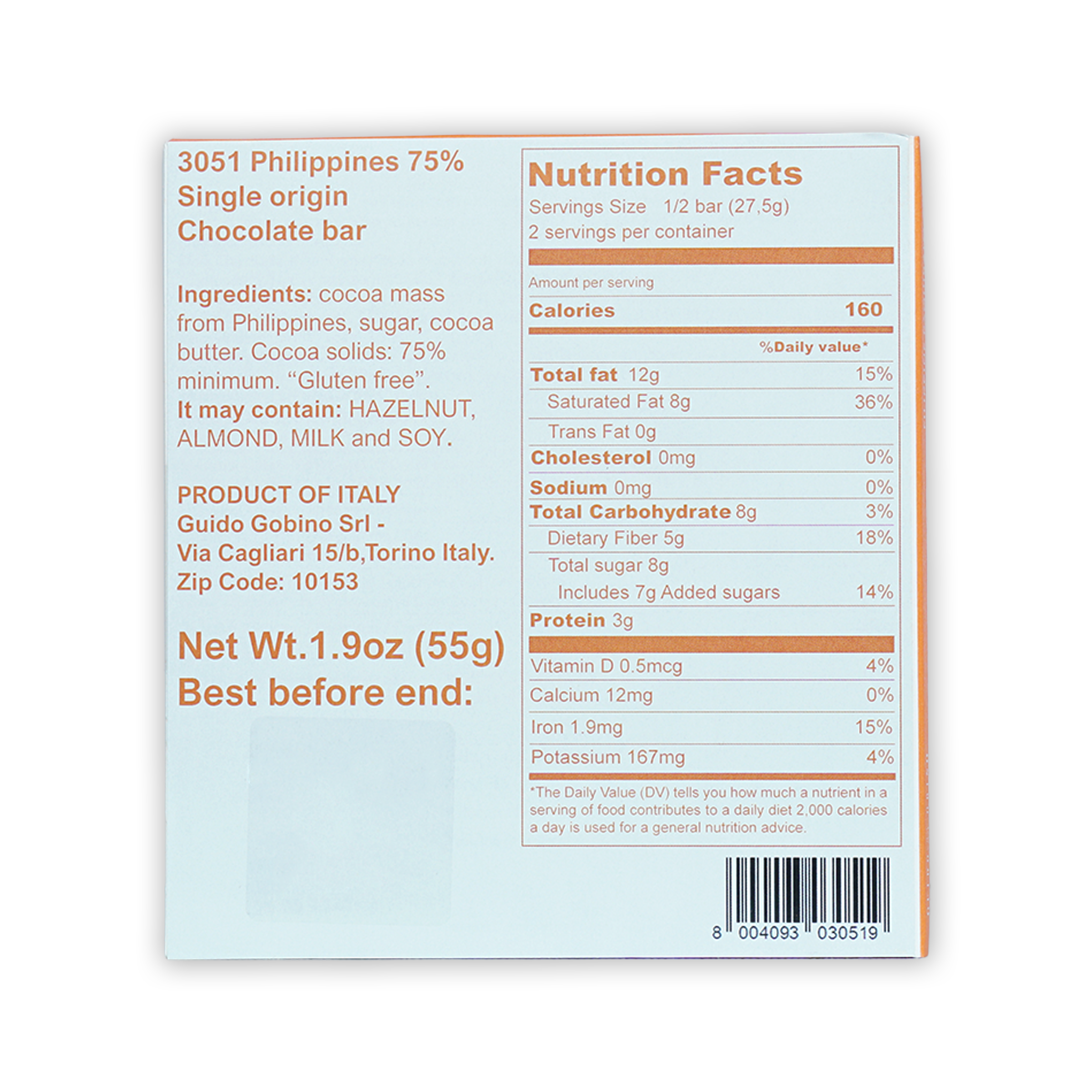 Guido Gobino 75% Philippines dark chocolate bar, light blue orange package