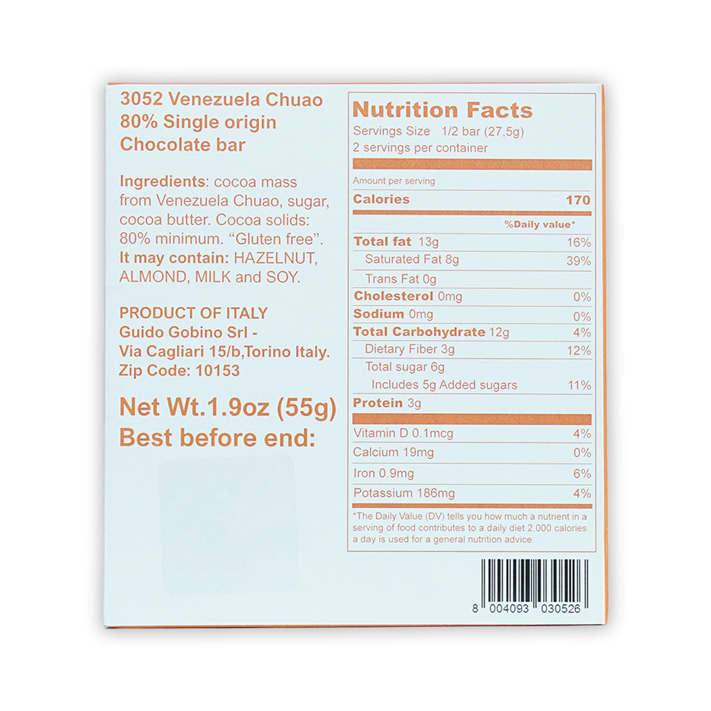 Guido Gobino Venezuela Chuao 80% dark chocolate bar nutrition facts back