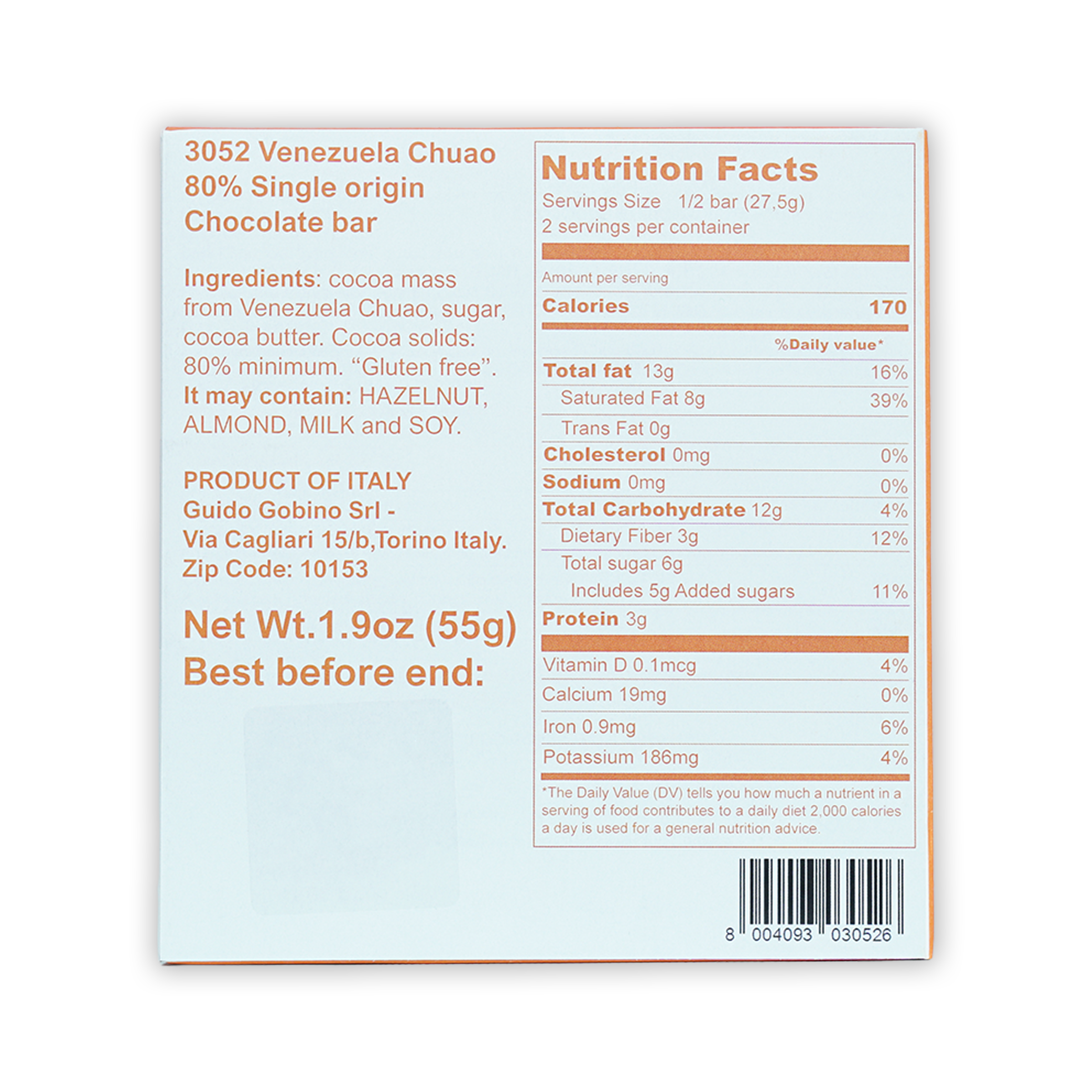 Guido Gobino Venezuela Chuao 80% dark chocolate bar nutrition facts back
