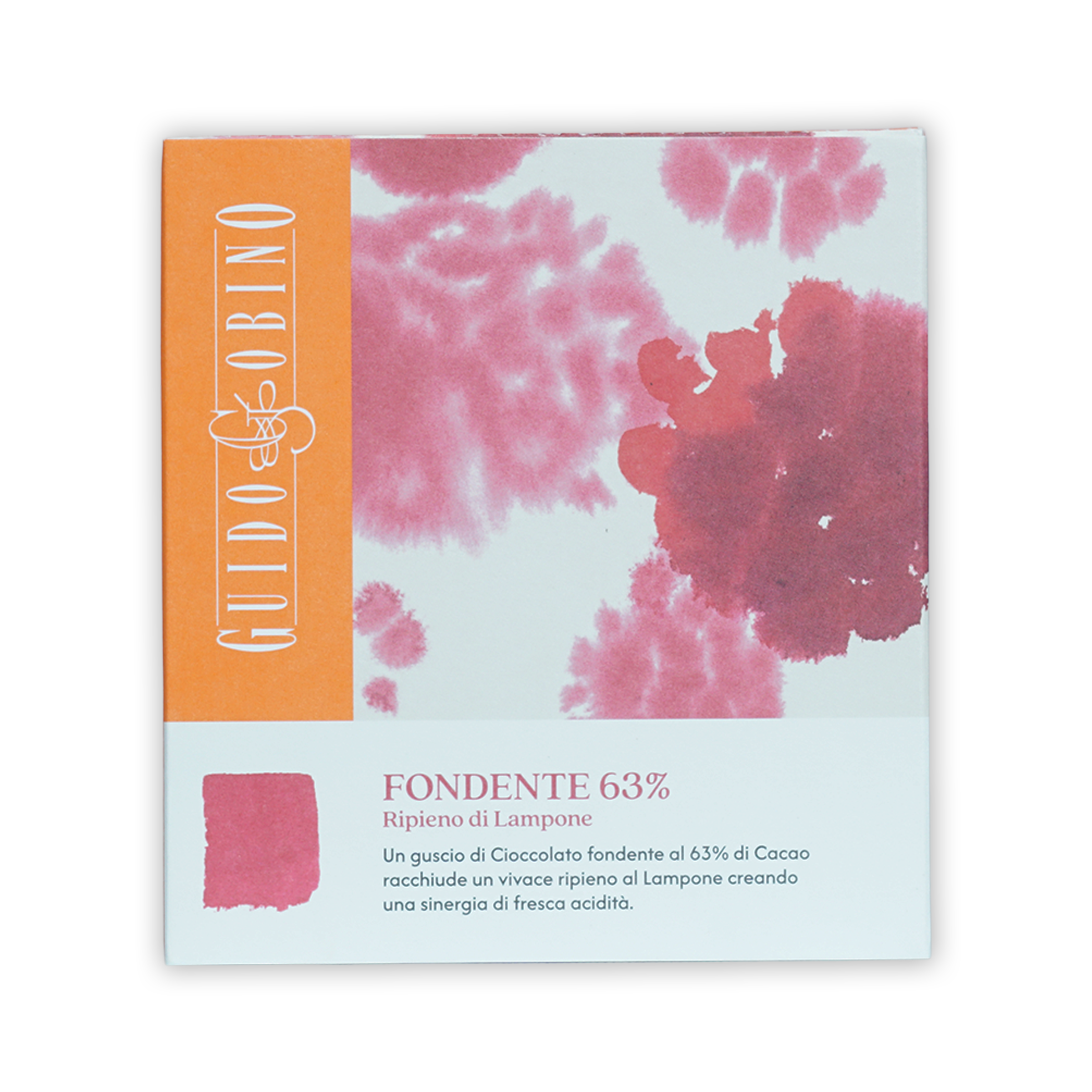Guido Gobino 63% dark chocolate bar with pink raspberry filling in orange box