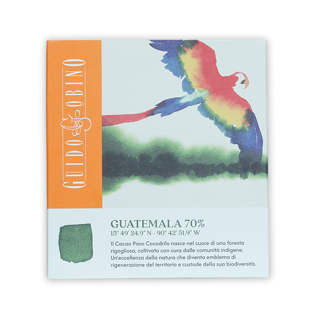 Guido Gobino Guatemala 70% dark chocolate bar with parrot design
